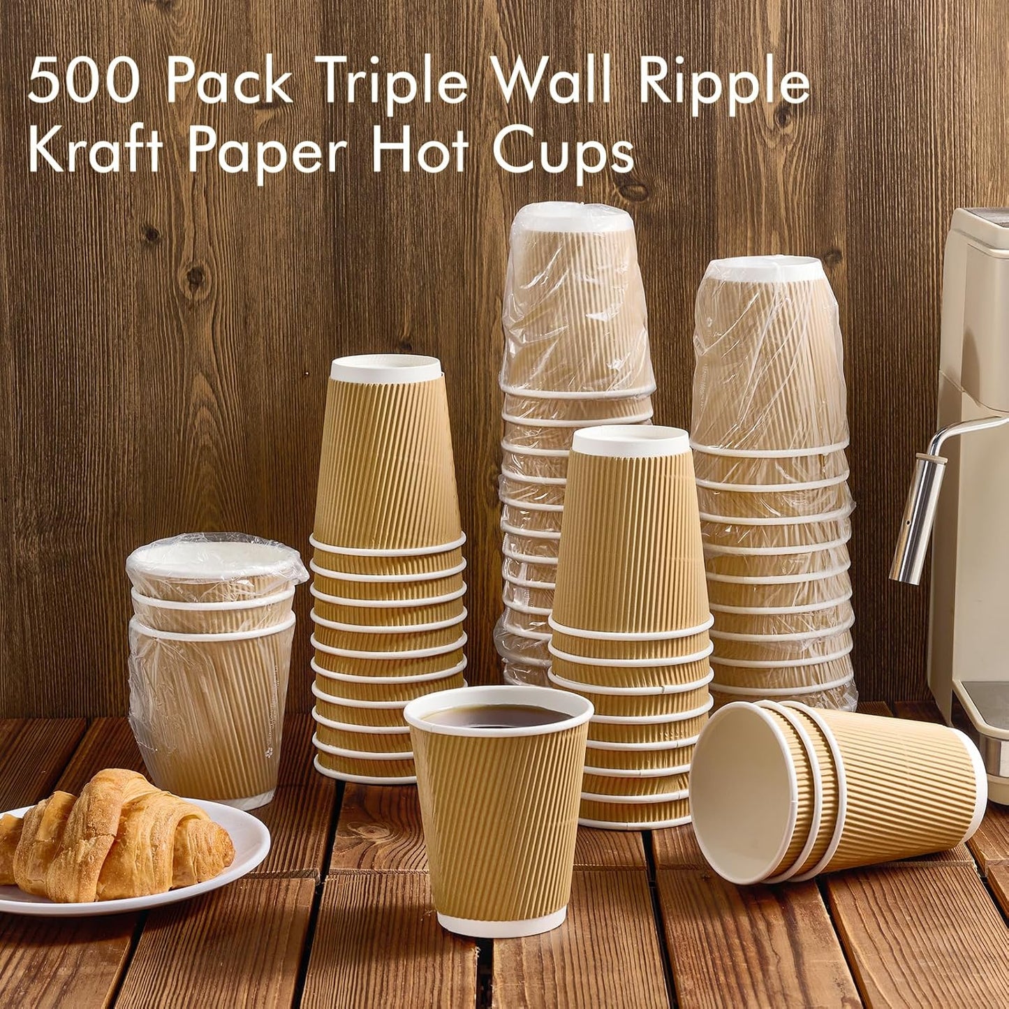 500 Pack 8 oz Paper Coffee Cups, Ripple Insulated Paper Cups, Hot Water Cups for Home, Office, Hotel, Meetings, Parties