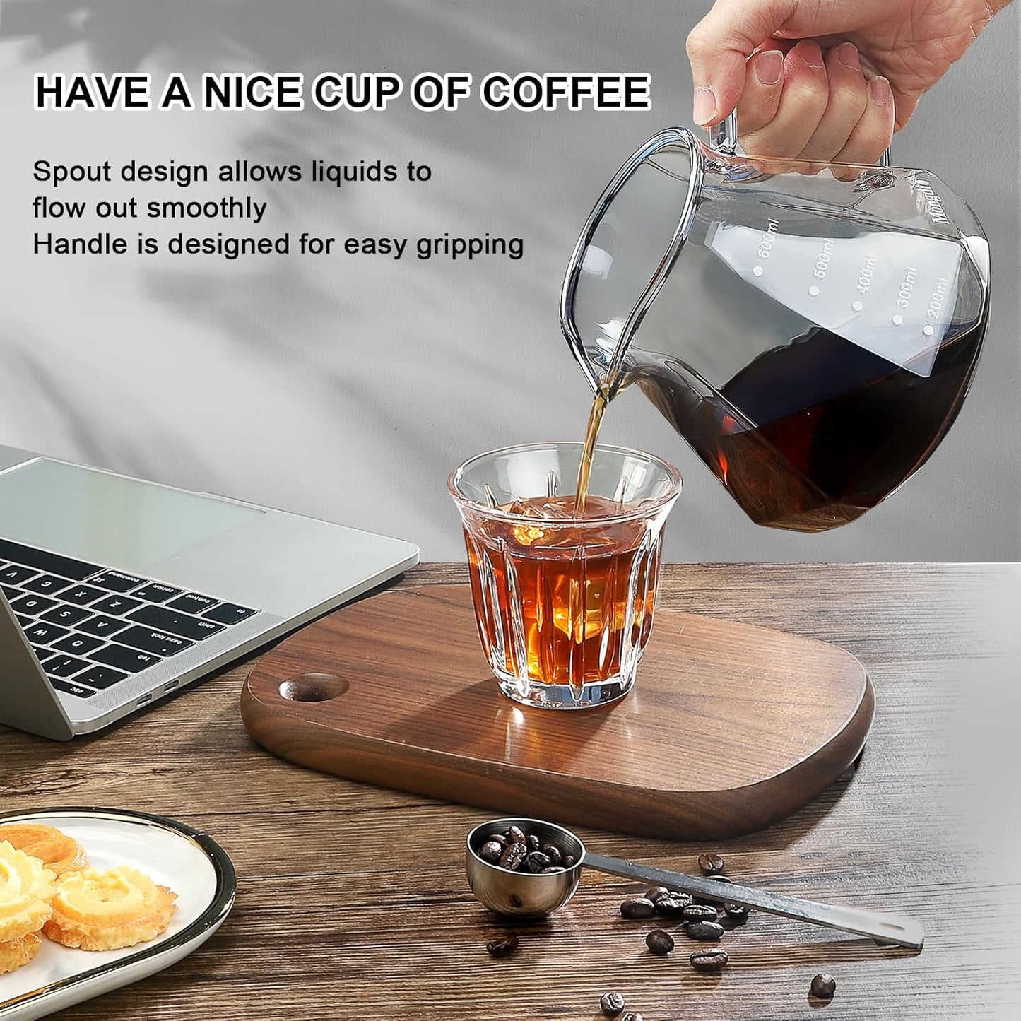 Mongdio Pour Over Coffee Maker, 20 oz High-Heat Borosilicate Glass Coffee Maker with 100pcs V60 Paper Filters, Walnut Handle & Glass Lid, Drip Coffee Maker Set for Home Café Restaurant - 600ml, Gray