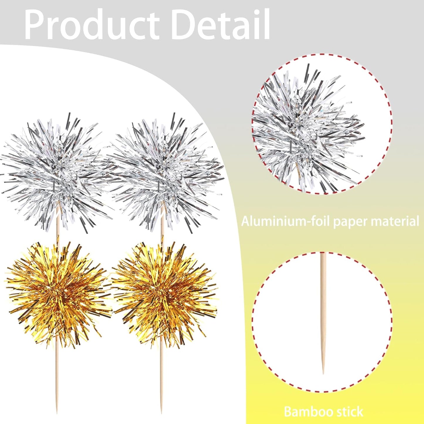 40 PCS Foil Firework Cupcake Toppers Sparkle Tinsel Cupcakae Picks Foil Firework Party Decorations Cocktail Fruit Toothpick for Fireworks Theme Birthday Wedding Graduation Party Decoration Gold Silver