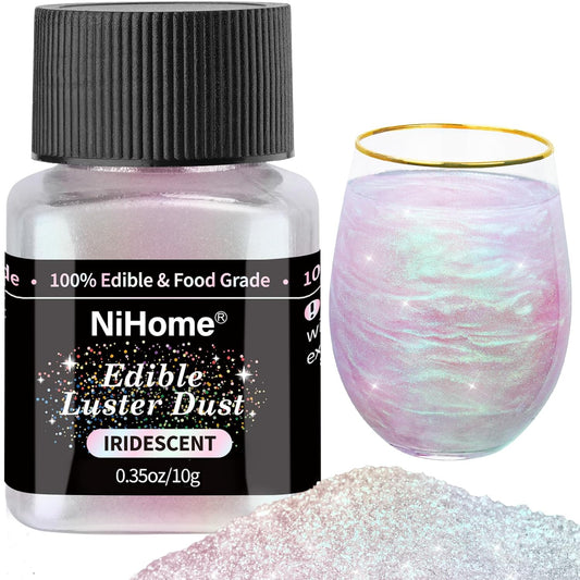 NiHome Edible Food-Grade Glitter Powder Glimmer Luster Dust Metallic Fancy Food Decorating Sprinkle Glimmery Dust for Drink Wine Beverage Cake Bakery Vegan Allergen-Free (Iridescent, 0.35oz/10g)