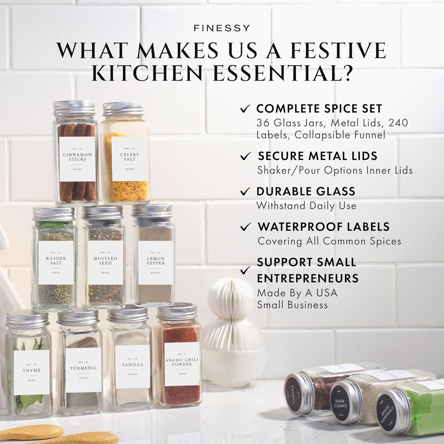 Glass Spice Jars with Labels with Metal Lids and Shakers Minimalist 36 Pack Set, 4oz Small Clear Empty Spice Bottles Seasoning Containers with Label Organizer Square Herb Seasoning Jars for Kitchen