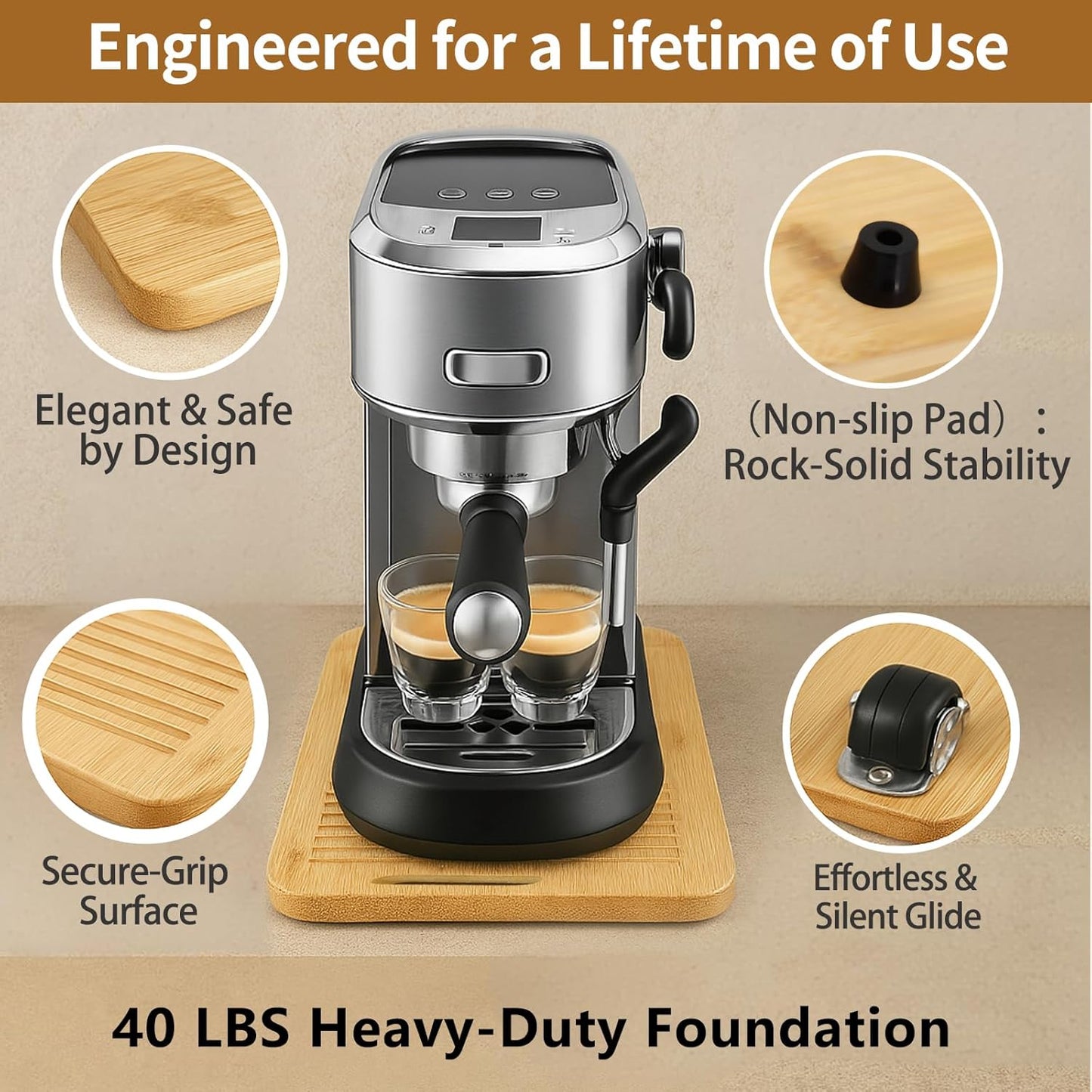 Bamboo Appliance Slider|16"D x 13"W Sliding Tray for Coffee Maker on Countertop|Heavy-Duty Coffee Pot Slider Tray & Kitchen Caddy for KitchenAid Mixer, Air Fryer