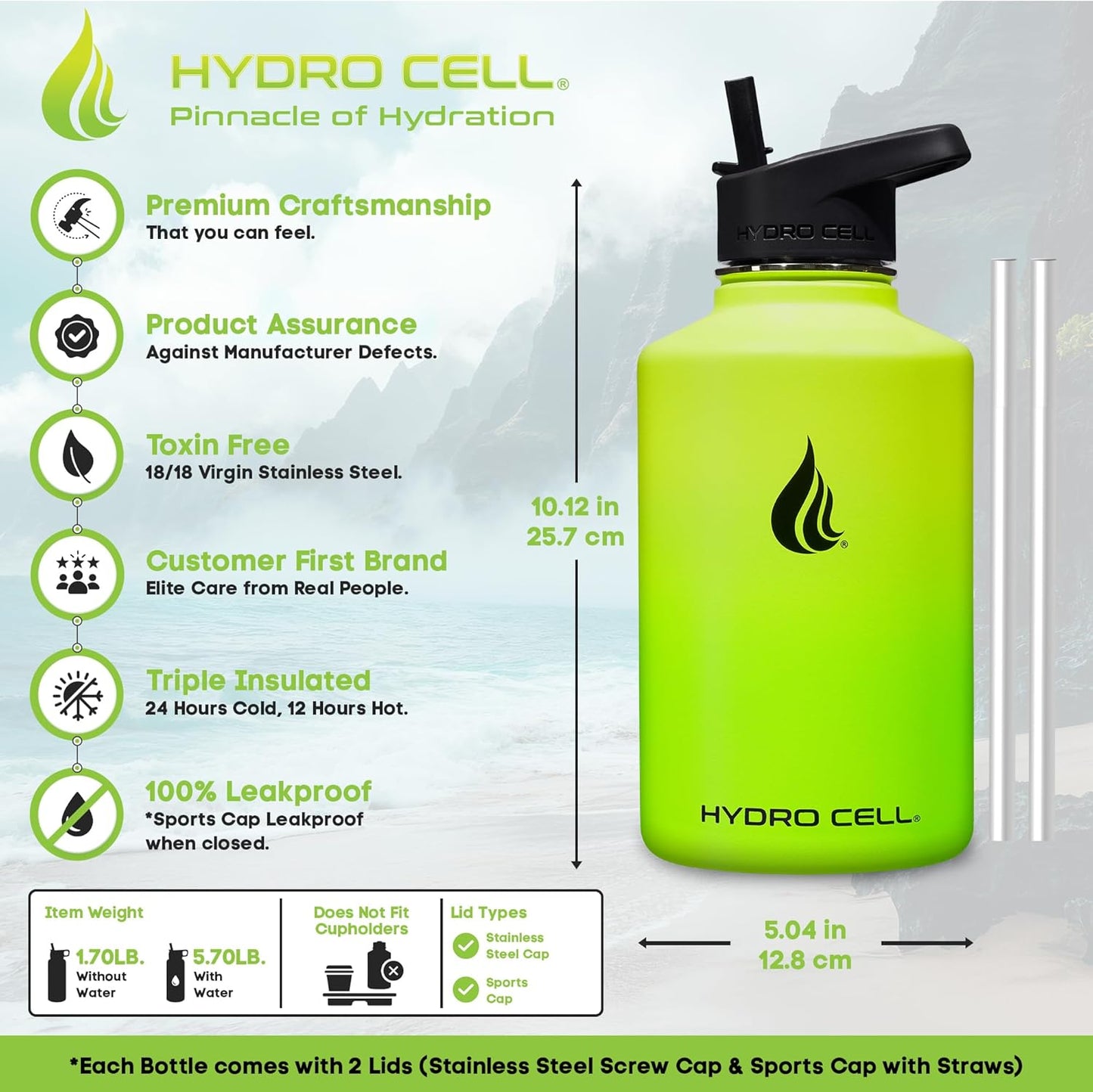 HYDRO CELL Stainless Steel Insulated Water Bottle with Straw - For Cold & Hot Drinks - Metal Vacuum Flask with Screw Cap and Modern Leakproof Sport Thermos for Adults (Neon 64oz)