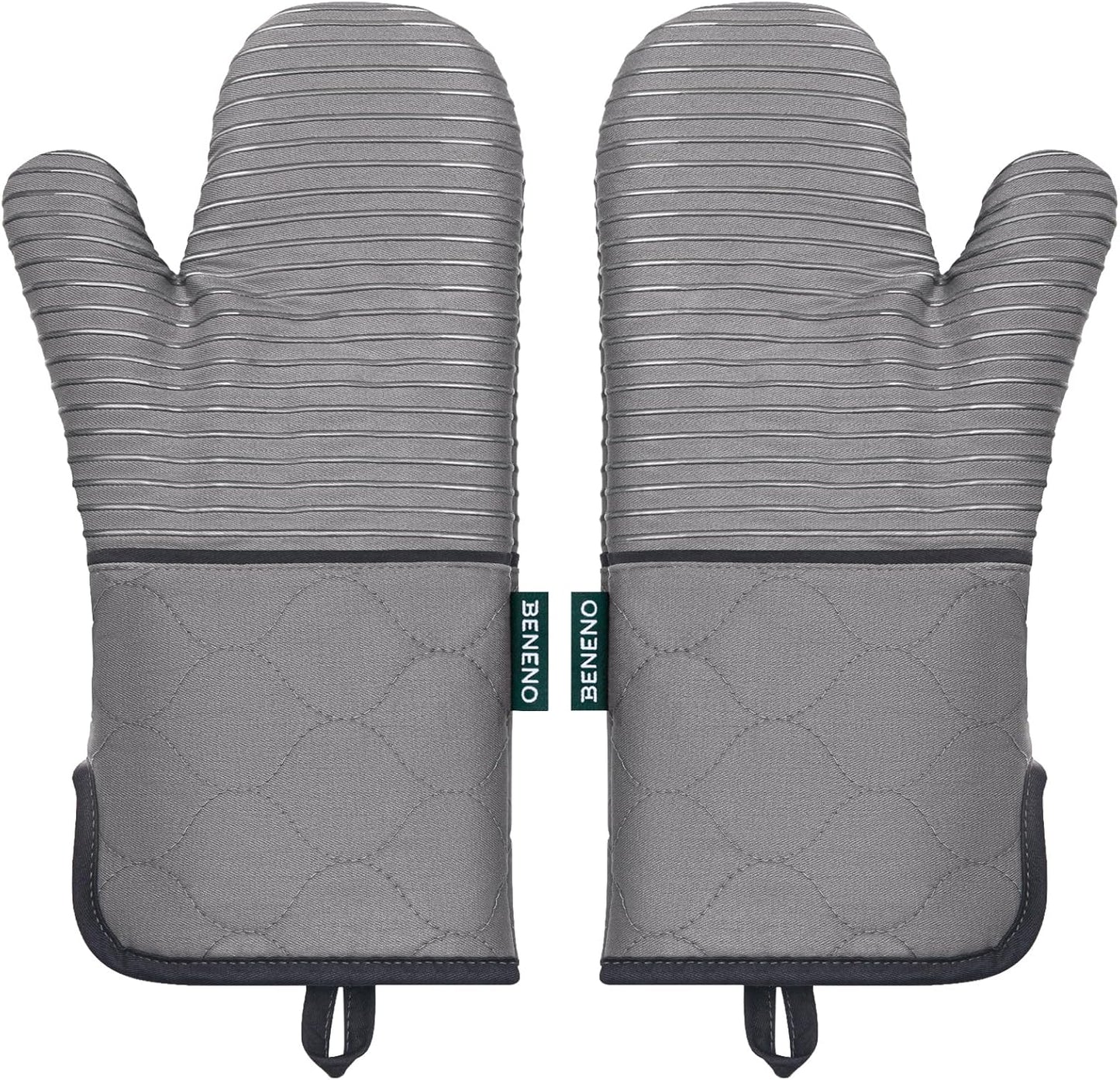 Beneno Kitchen Oven Mitts 2-Pack Heat Resistant to 500°F with Non-Slip Silicone Grip, Extra Long 14.3" Forearm Protection, Soft Quilted Cotton Terry Lining, Ideal for Cooking, Baking, Grilling, Gray