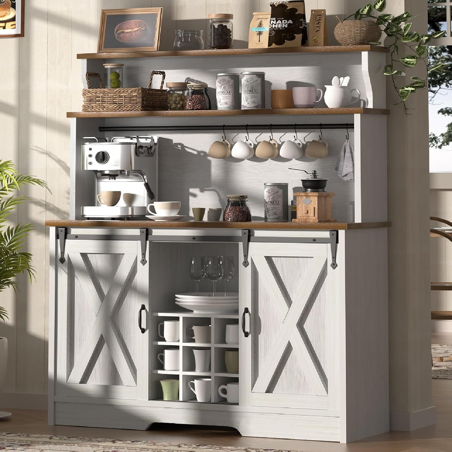 Farmhouse Coffee Bar Cabinet with 3 Tier Storage Hutch, 47'' Coffee Bar Station with Sliding Barn Door, Hutch Storage Cabinet with 9 Wine Racks & 9 Hooks for Kitchen Dining Living Room