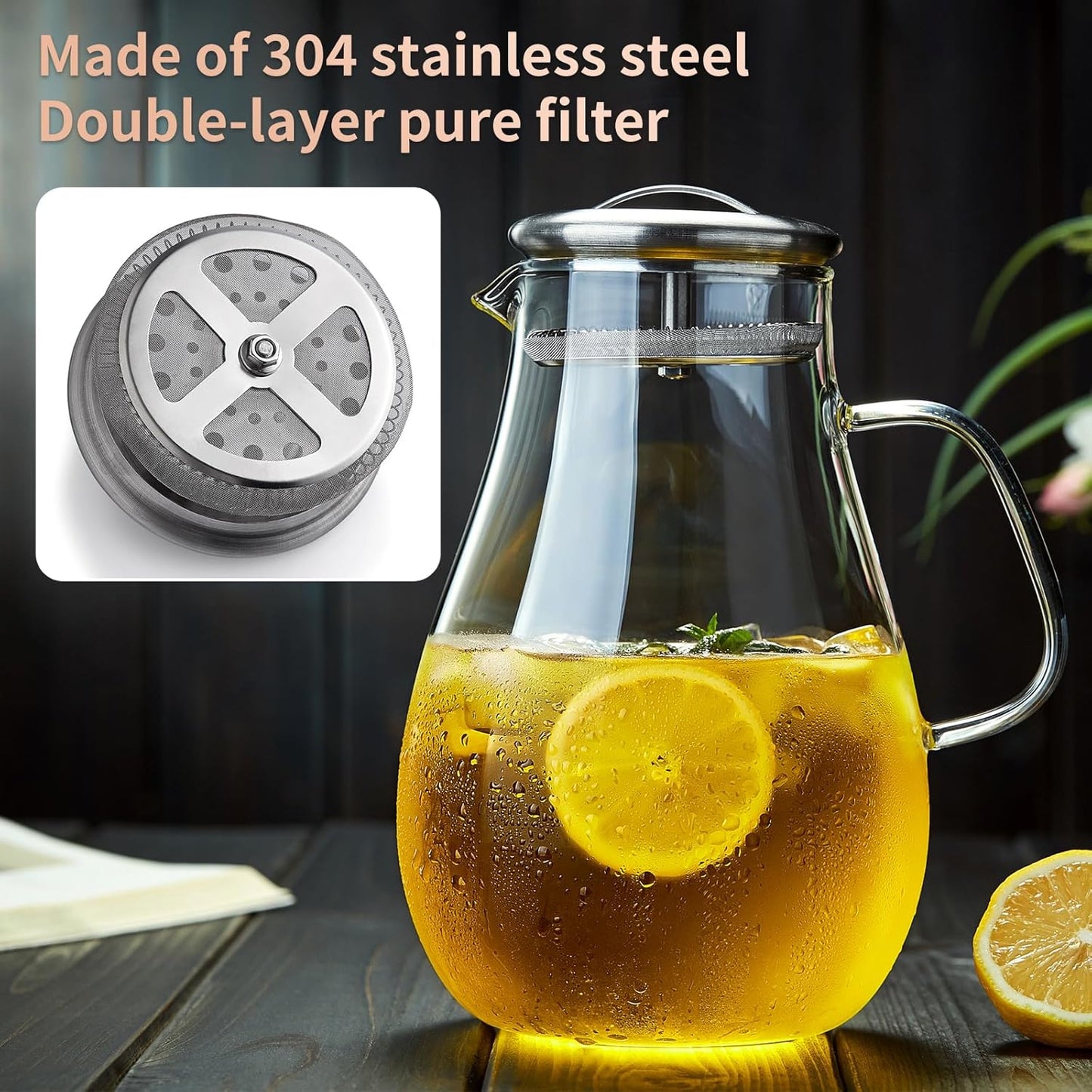 68OZ Glass Pitcher with Lid and Spout, Water Jug, 2000ML Carafe for Hot/Cold Water, Large Iced Tea Pitcher for Coffee, Juice and Homemade Beverage