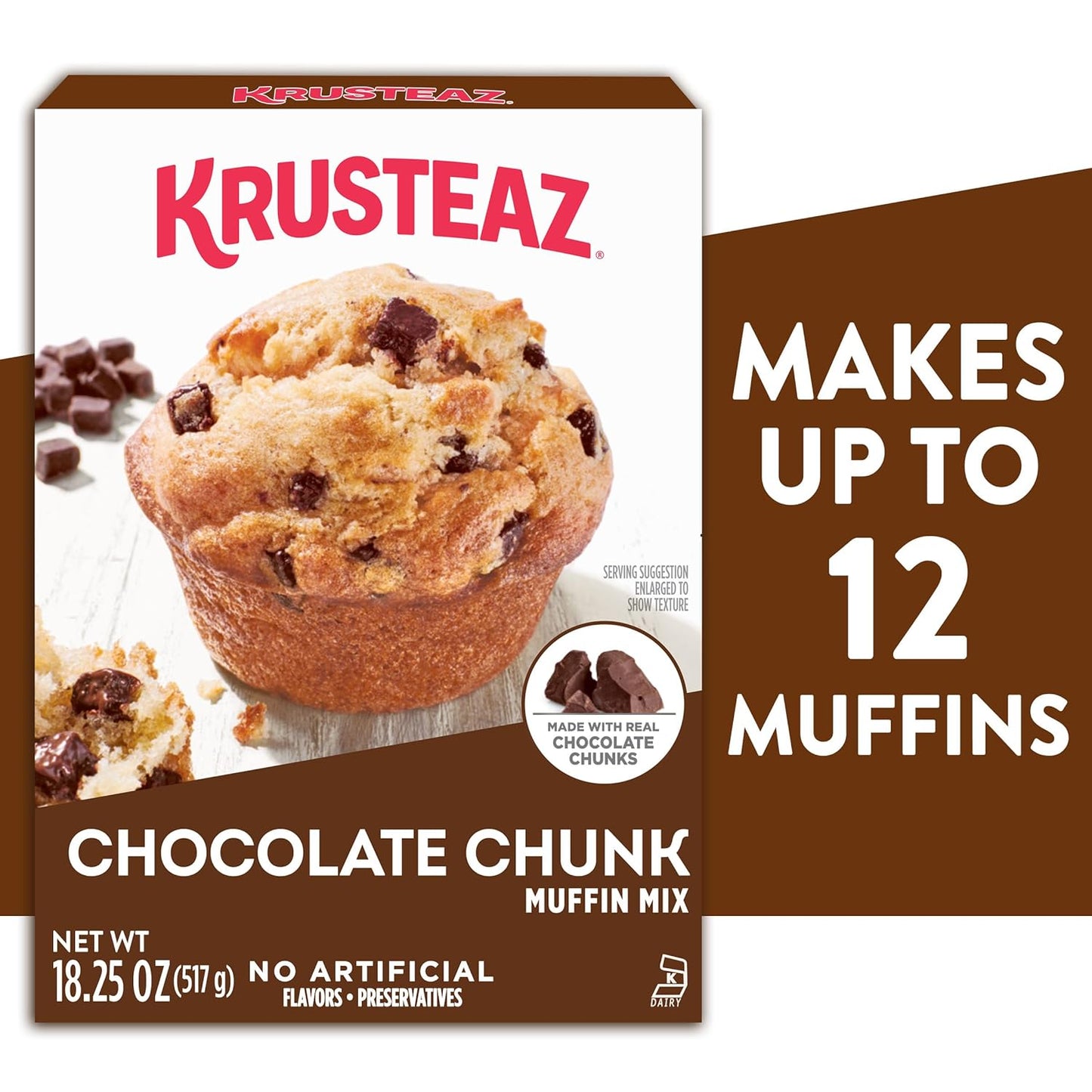 Krusteaz Chocolate Chunk Muffin Mix, With Real Chocolate, No Artificial Flavors or Preservatives, 18.25-ounce Boxes (Pack of 12)