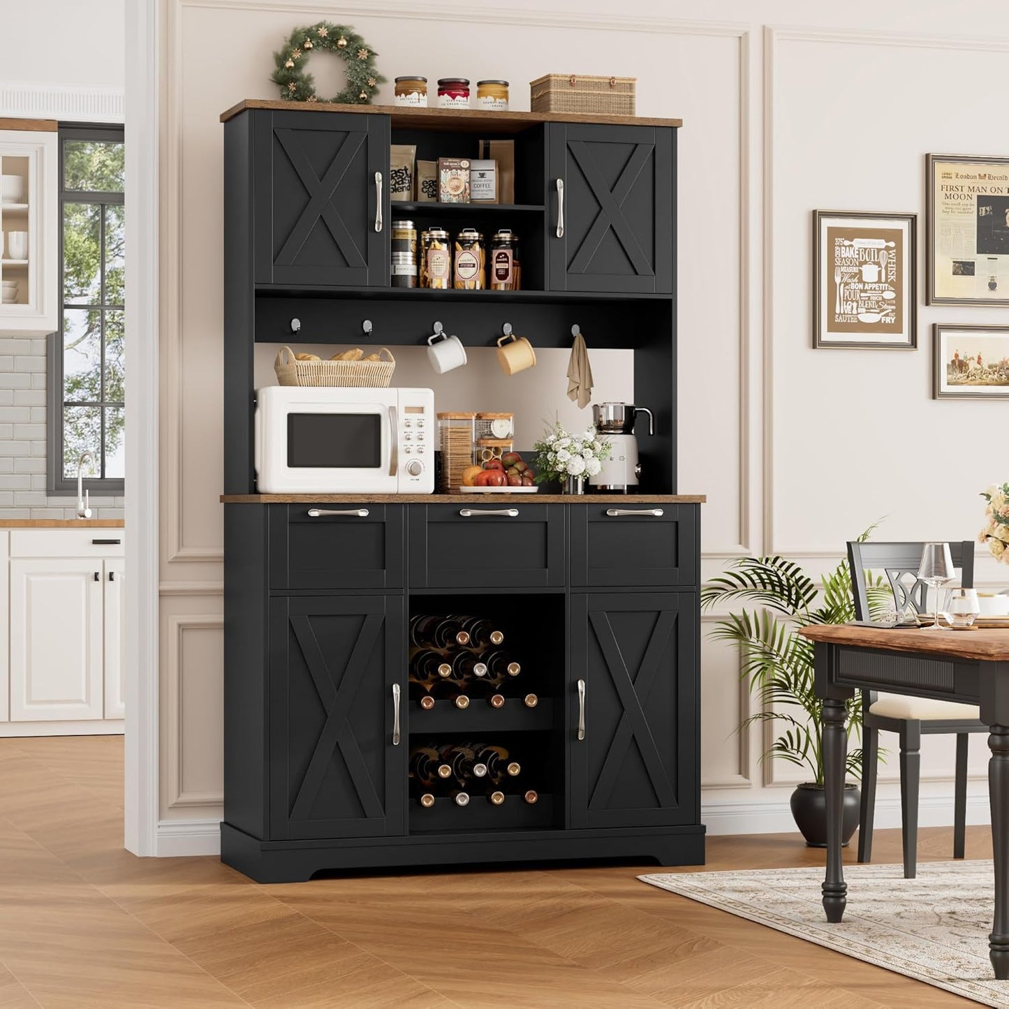 HIFIT 72" Large Kitchen Pantry Storage Cabinet with Barn Doors & Shelves, Farmhouse Tall Kitchen Hutch Wood Bar Cabinet w/3 Drawers, Microwave Stand, Cupboard Wine Rack for Dining Room, Pantry, Black