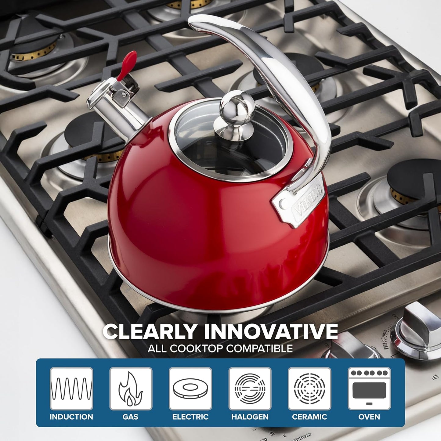 Viking 3-Ply Stainless Steel Tea Kettle, 2.6 Quart Stovetop Hot Water Pot with Tempered Glass Lid, Ergonomic Handle, Induction Ready, Red