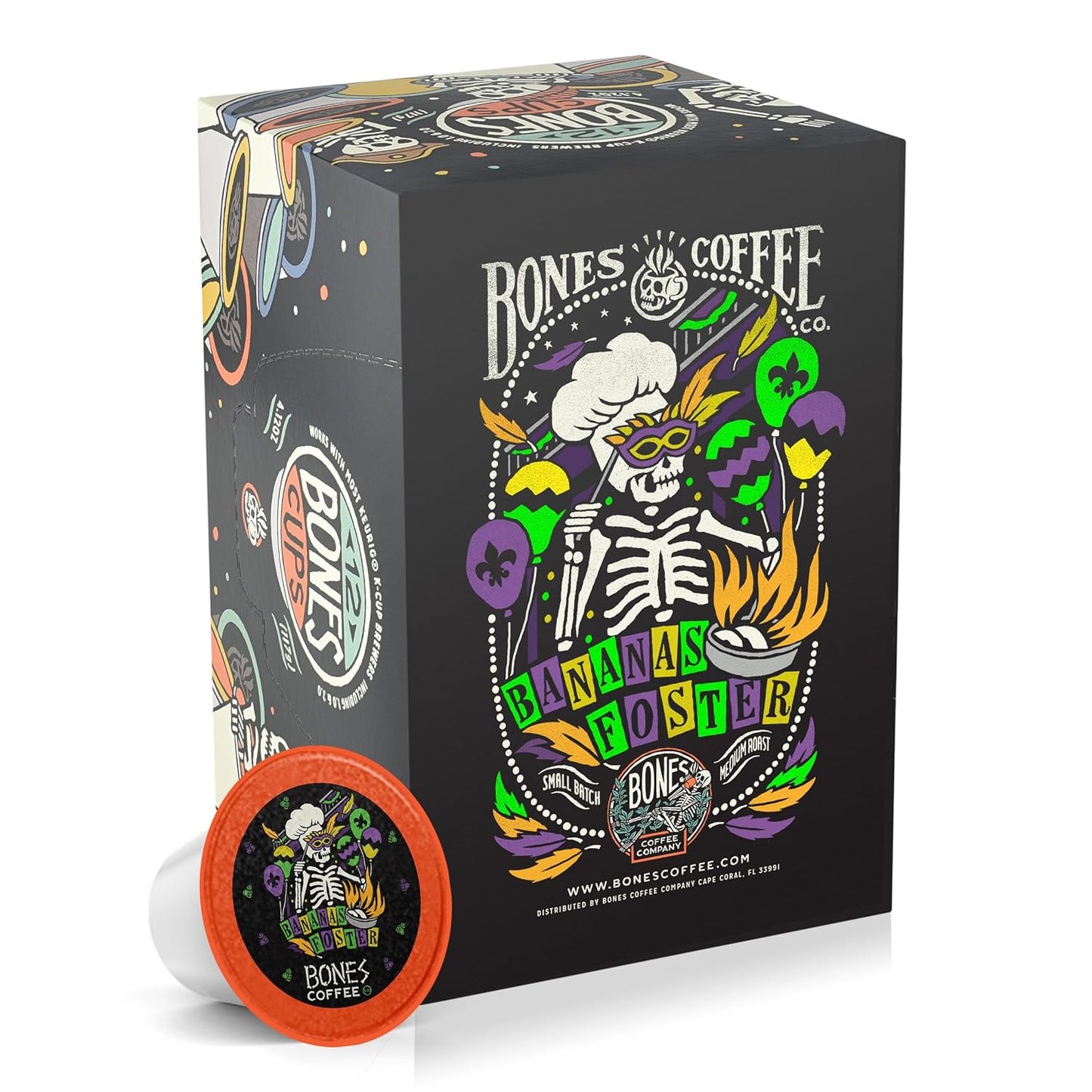 Bones Coffee Company Flavored Coffee Bones Cups Bananas Foster Flavored Pods | 12ct Single-Serve Coffee Pods Compatible with Keurig 1.0 & 2.0 Keurig Coffee Maker
