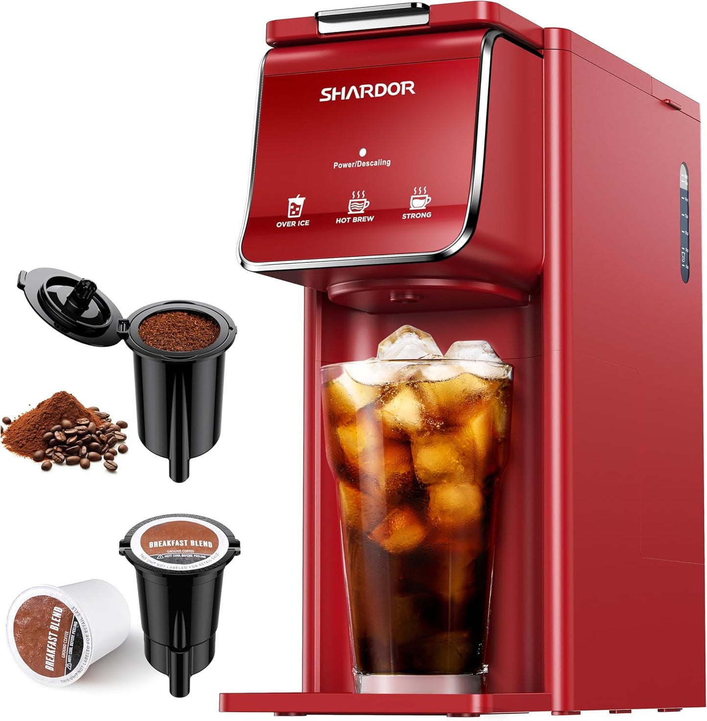SHARDOR Hot & Iced Coffee Maker, K Cup Coffee Maker Compatible with Ground Coffee, Single Serve Coffee Machine with Bold Setting, Reusable Filter, Travel Mug Friendly, Compact Design, Red