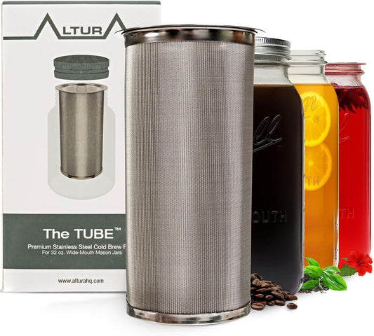 Altura The TUBE Cold Brew Coffee Maker and Tea Infuser for Wide Mouth Mason Jars - Stainless Steel Cold Brew Filter Strainer for Iced Coffee, Fruit Water & More - (32oz/1qt)