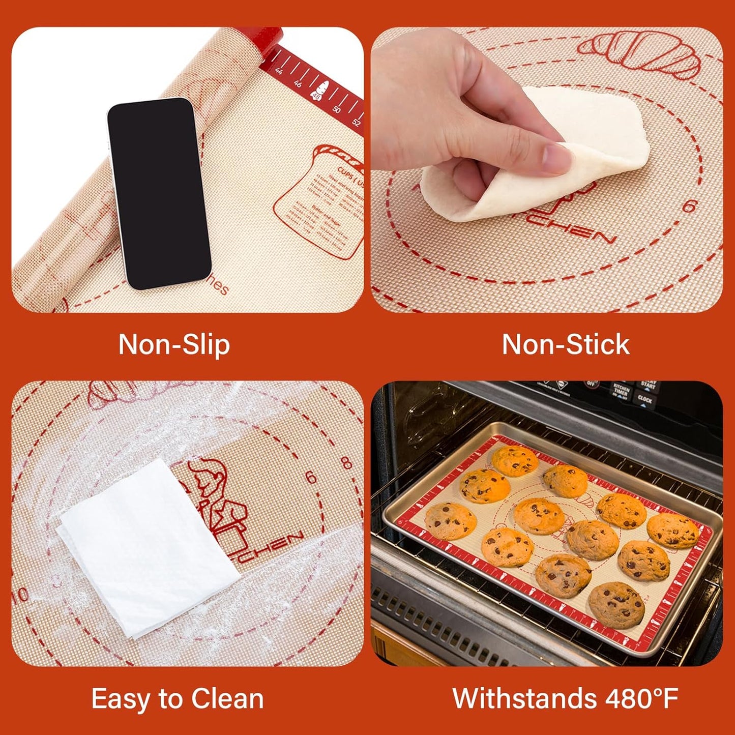 Non-Slip Silicone Baking Mat - 32x24 inch Extra Thick Pastry Mat with Measurements for Sourdough, Macarons, Bread, Pizza, Dough Rolling, Kneading, Oven Mat Heat Resistant to 480°F Gift for Baker