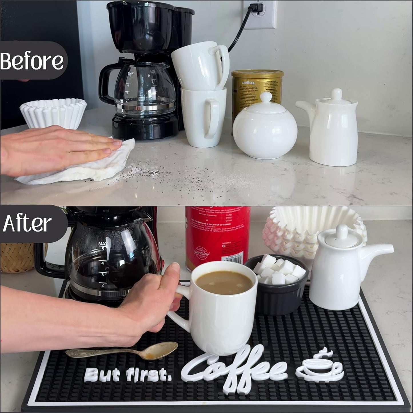 But First Coffee Mat for Countertop, Rubber Bar Mat and Coffee Bar Sign 18 x 12 in, Kitchen Accessories for Countertop, Bar Mats for Bartending