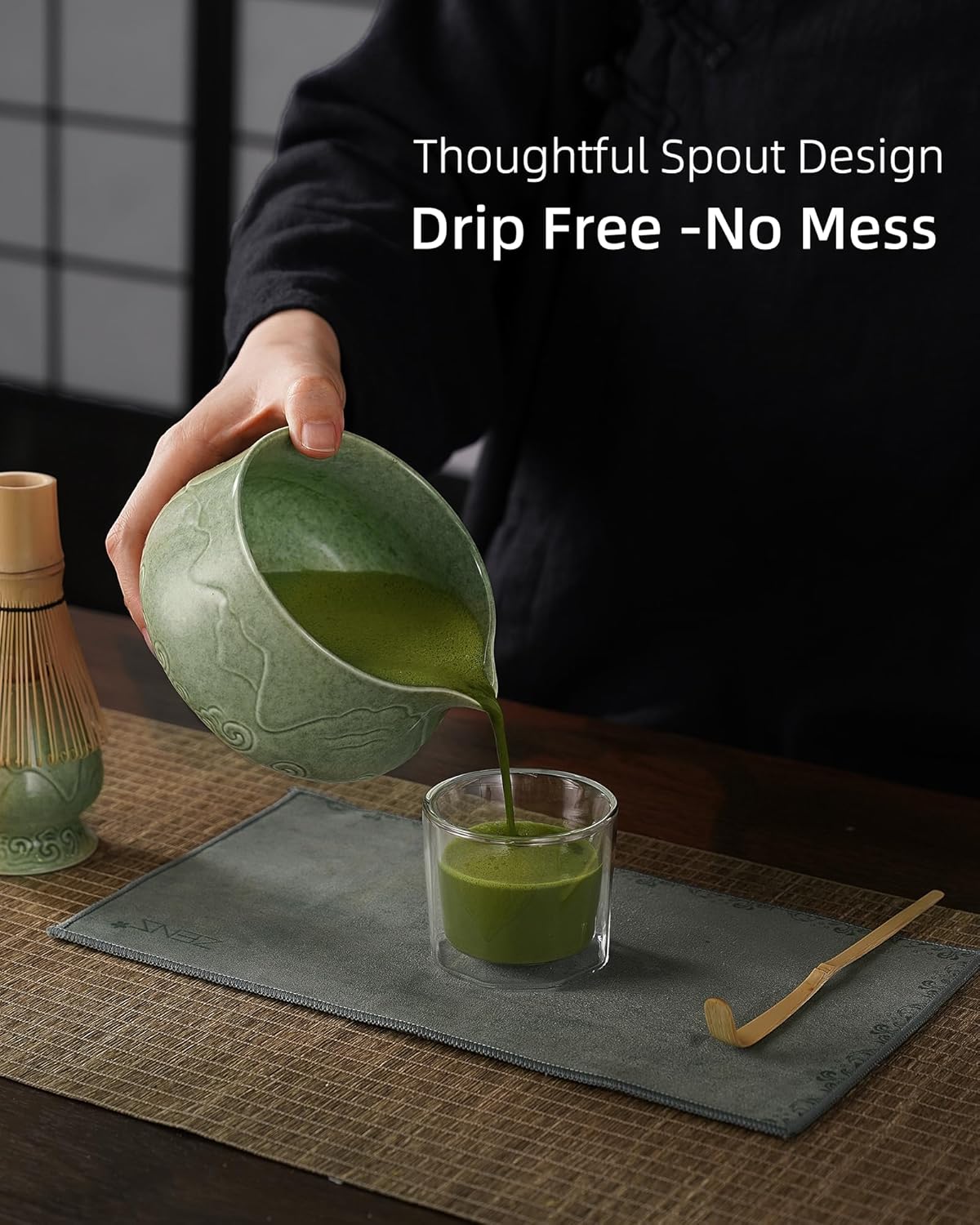 ZENS Matcha Whisk Set, 15oz Ceramic Matcha Set Includes Matcha Bowl, Bamboo Whisk & Chasen Holder, Sifter, Scoop & Tea Towel, 6pcs Matcha Kit for Matcha Latte, Emerald Green