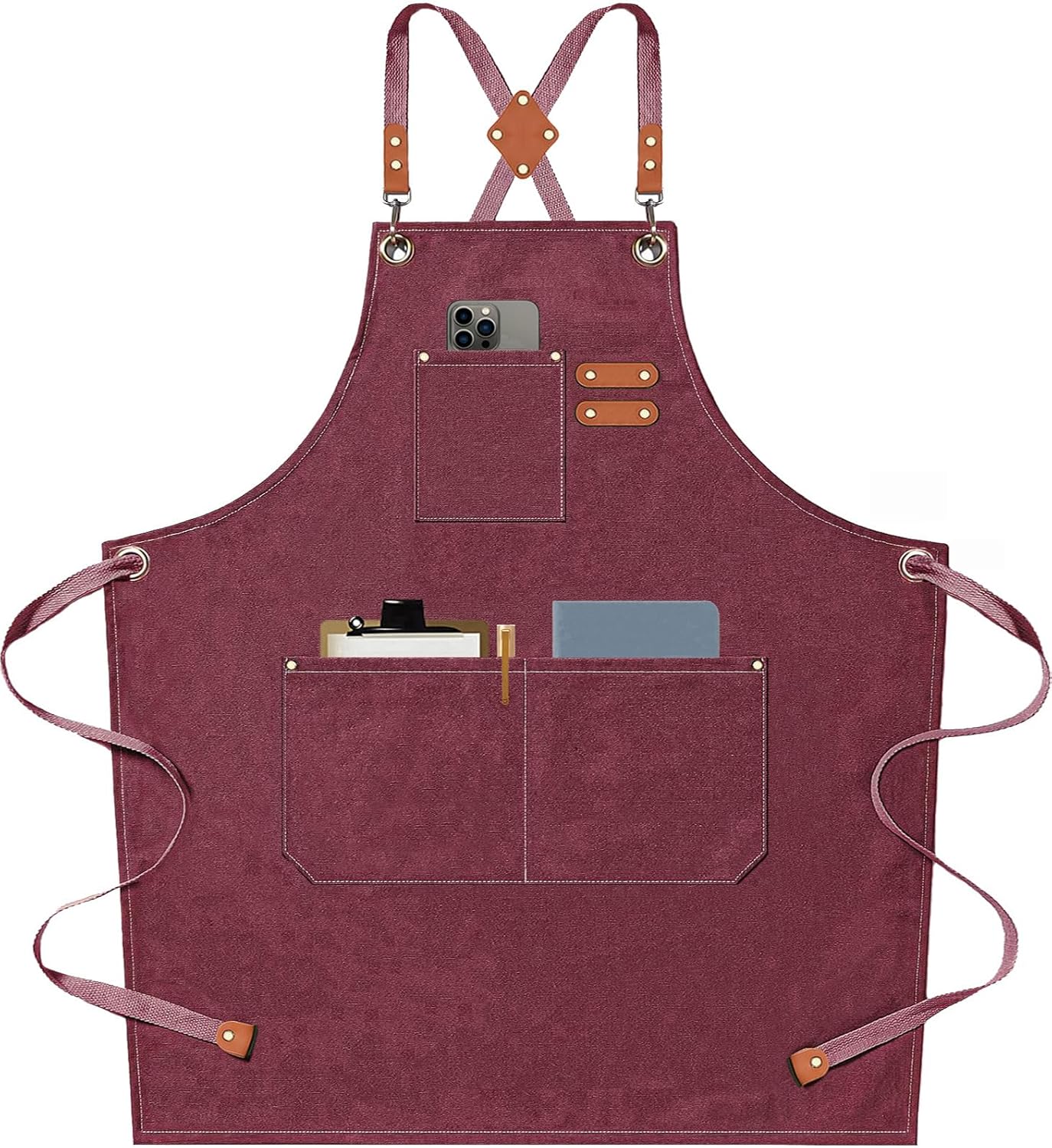 AFUN Chef Aprons for Men Women with Large Pockets, Cotton Canvas Cross Back Heavy Duty Adjustable Work Apron, Size M to XXL(Darkred)