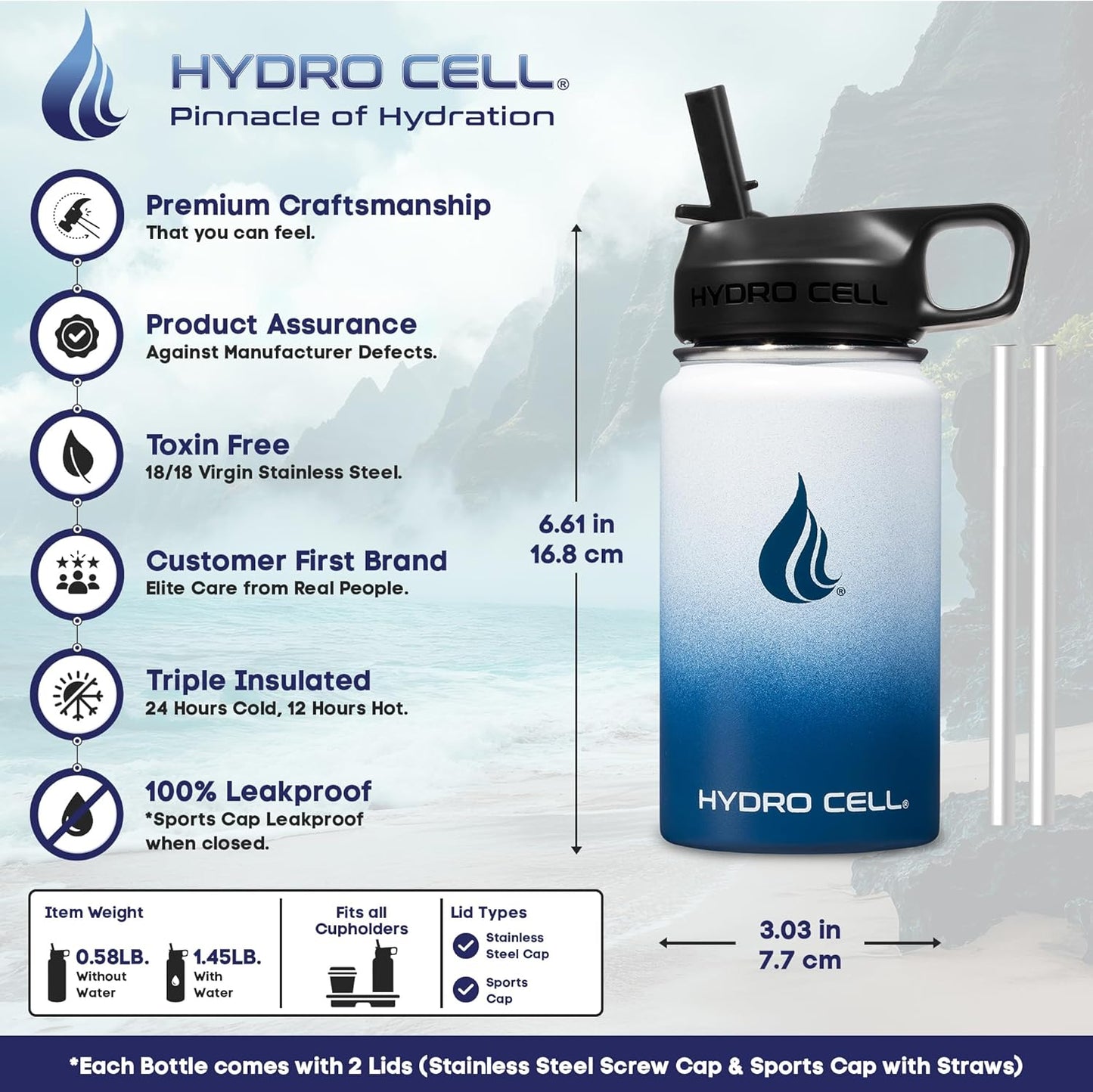 HYDRO CELL Stainless Steel Insulated Water Bottle with Straw - For Cold & Hot Drinks - Metal Vacuum Flask with Screw Cap and Modern Leakproof Sport Thermos for Adults (Navy/White 14oz)