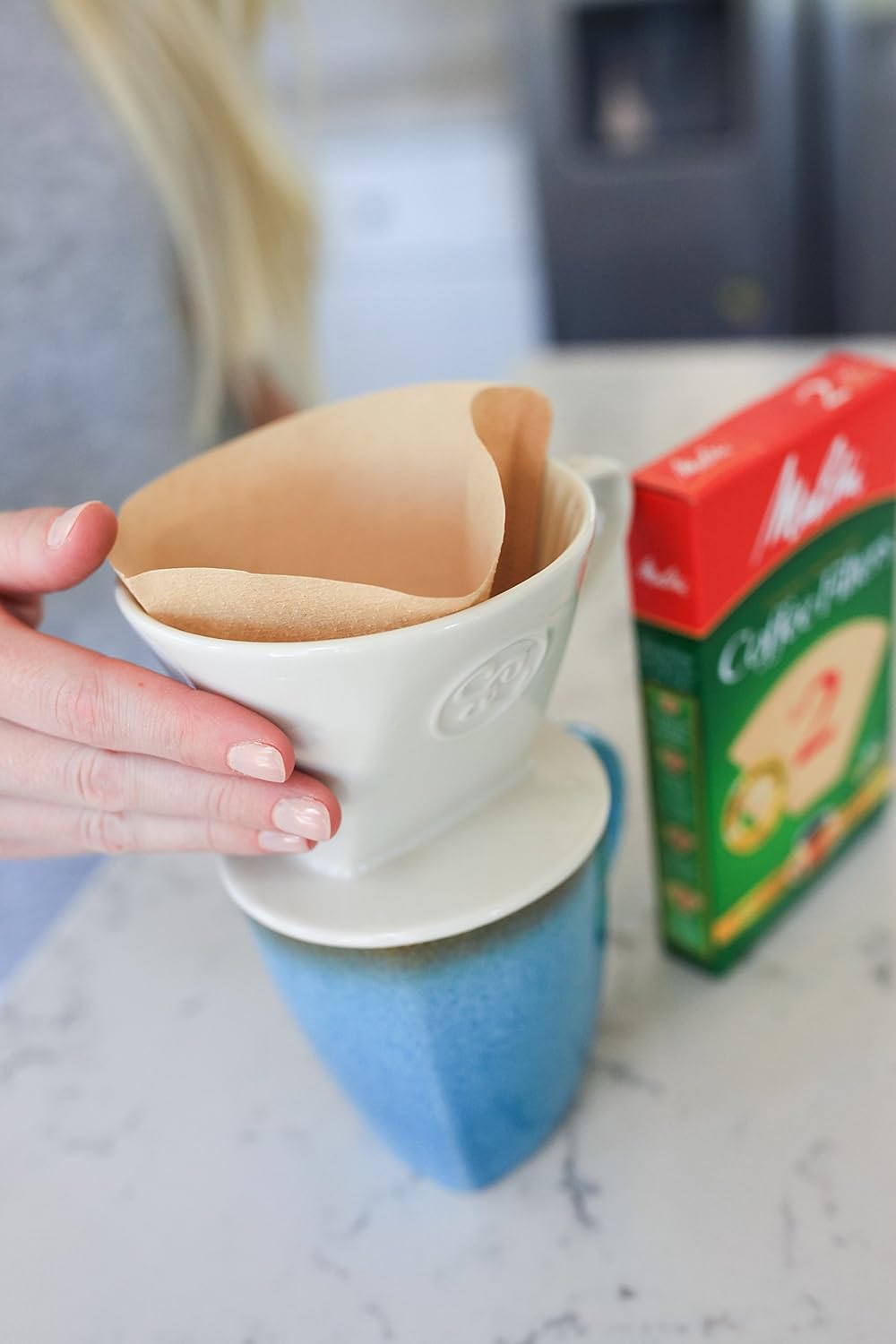 Ceramic Pour Over Coffee Maker with 40 Count Melitta Filters - Elegant Single Serve Coffee Dripper for Rich Brewed Pour Over Coffee