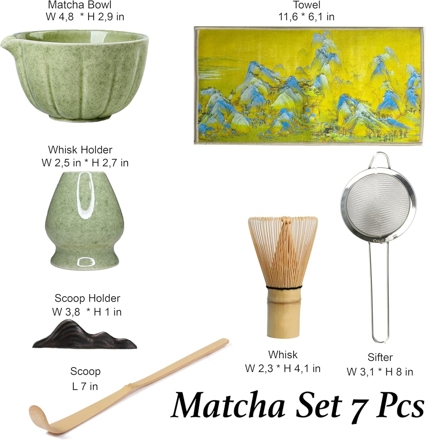 Green Matcha Whisk Set – 7 Pcs Japanese Matcha Kit, Bowl (Chawan) with Spout, Bamboo Whisk (Chasen) & Holder, Scoop (Chashaku), Sifter, Tea Towel – Perfect for Matcha Lovers & Tea Ceremony