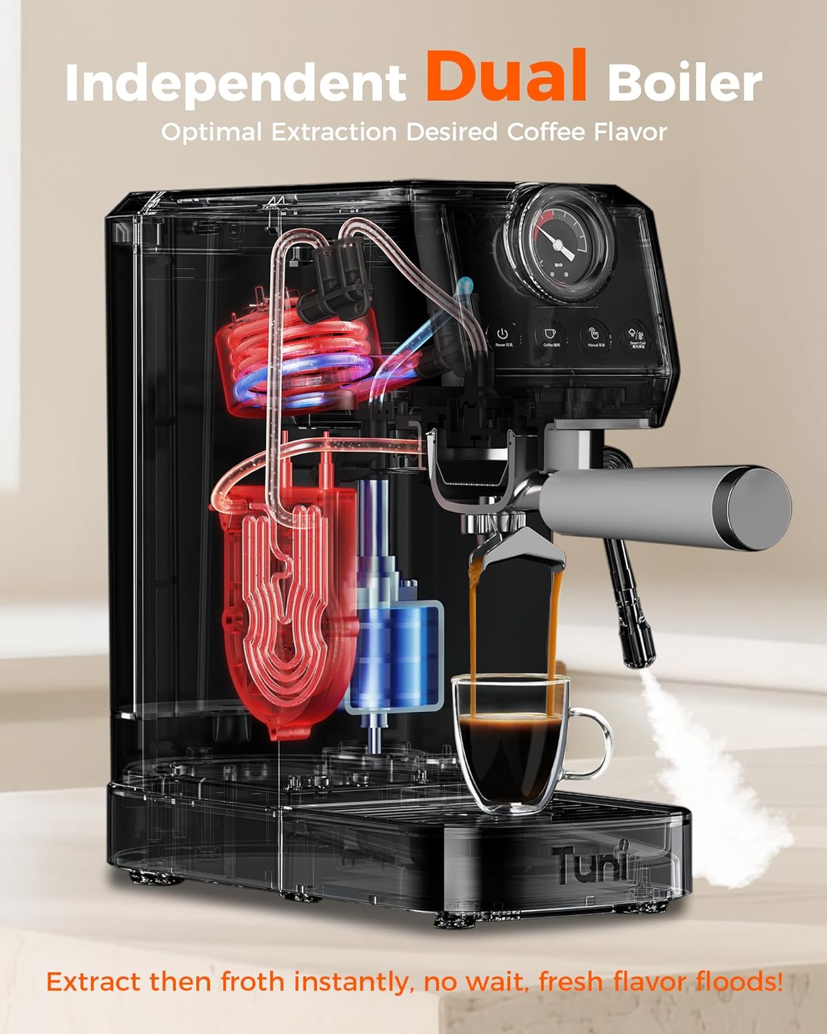 Tuni E2 𝑬𝒔𝒑𝒓𝒆𝒔𝒔𝒐 𝑴𝒂𝒄𝒉𝒊𝒏𝒆 with G1 𝑪𝒐𝒏𝒊𝒄𝒂𝒍 𝑪𝒐𝒇𝒇𝒆𝒆 𝑮𝒓𝒊𝒏𝒅𝒆𝒓 Combo Set, 20Bar 58mm Dual Boiler Coffee Maker, 48 Grinding Settings Burr Mill
