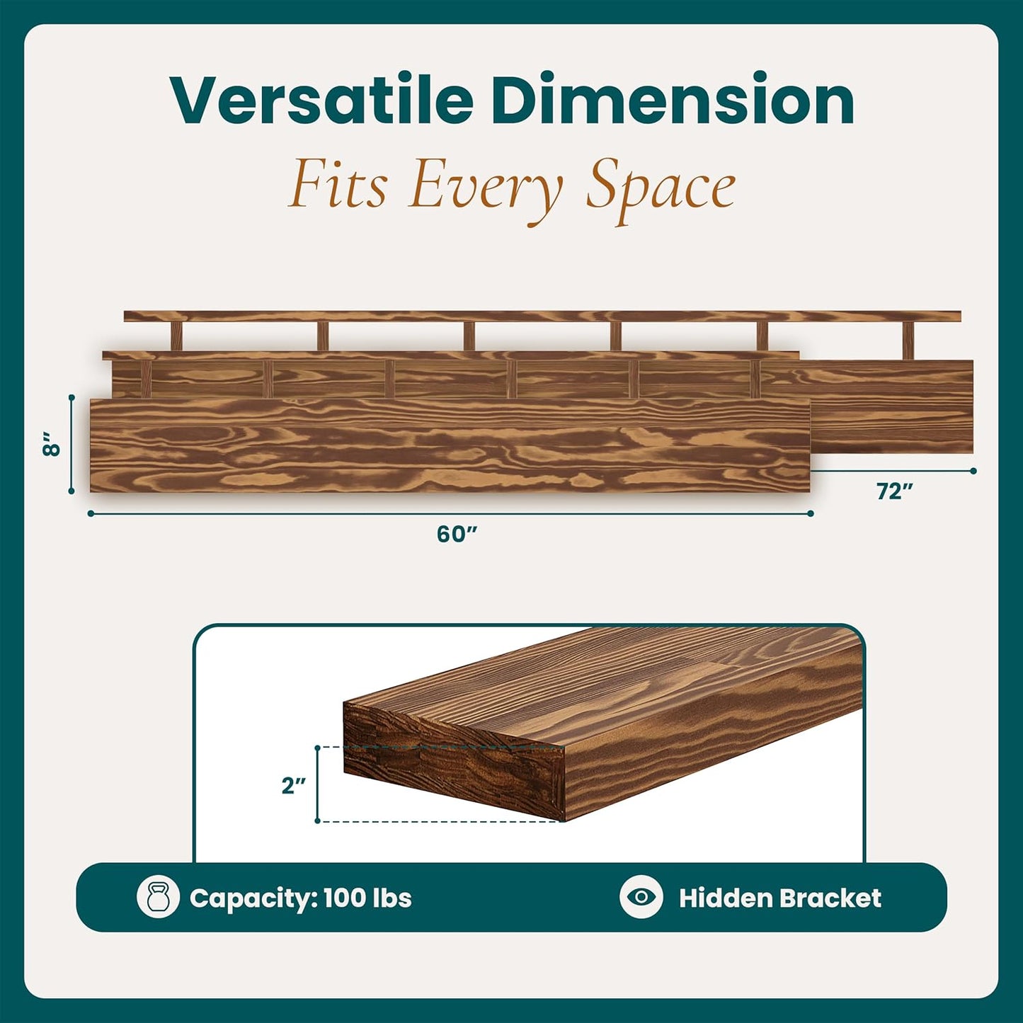 60'' Pine Wood Floating Shelf for Wall - Rustic Wall Mounted Wooden Shelf for Stylish Home Décor, Fireplace Mantel 60inch (Light Walnut, 60x8x2) - 1pcs