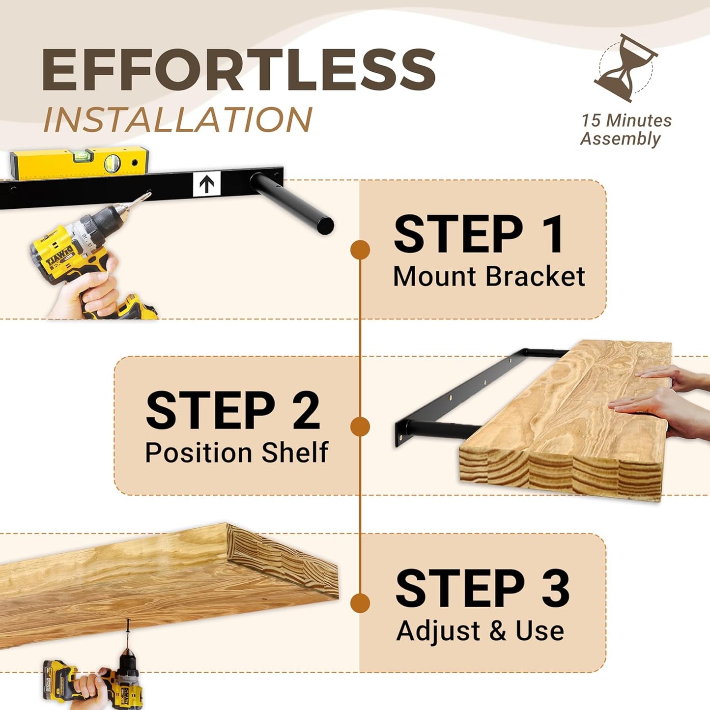 24'' Pine Wood Floating Shelves for Wall- Set of 2 - Rustic Wall Mounted Wooden Shelf for Stylish Home Décor (Dark Brown, 24x6.5x1.25), 2pcs