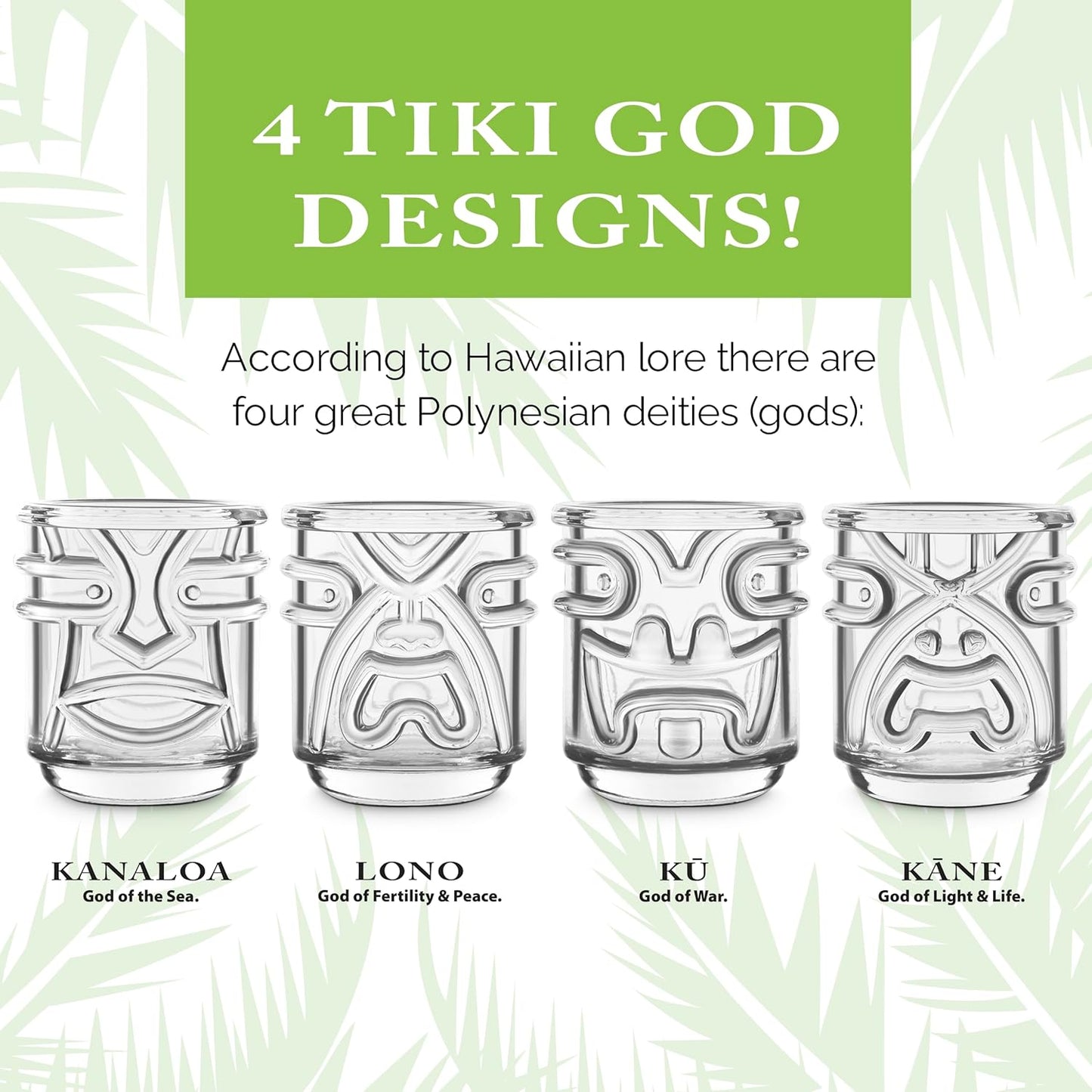 Final Touch Tiki Glasses Set of 4 - Kanaloa, Lono, Kū, Kāne Designs, 12 oz (355 ml), Clear, Stackable Totem Pole Storage, Durable Glassware for Tropical Cocktails (TK5303)