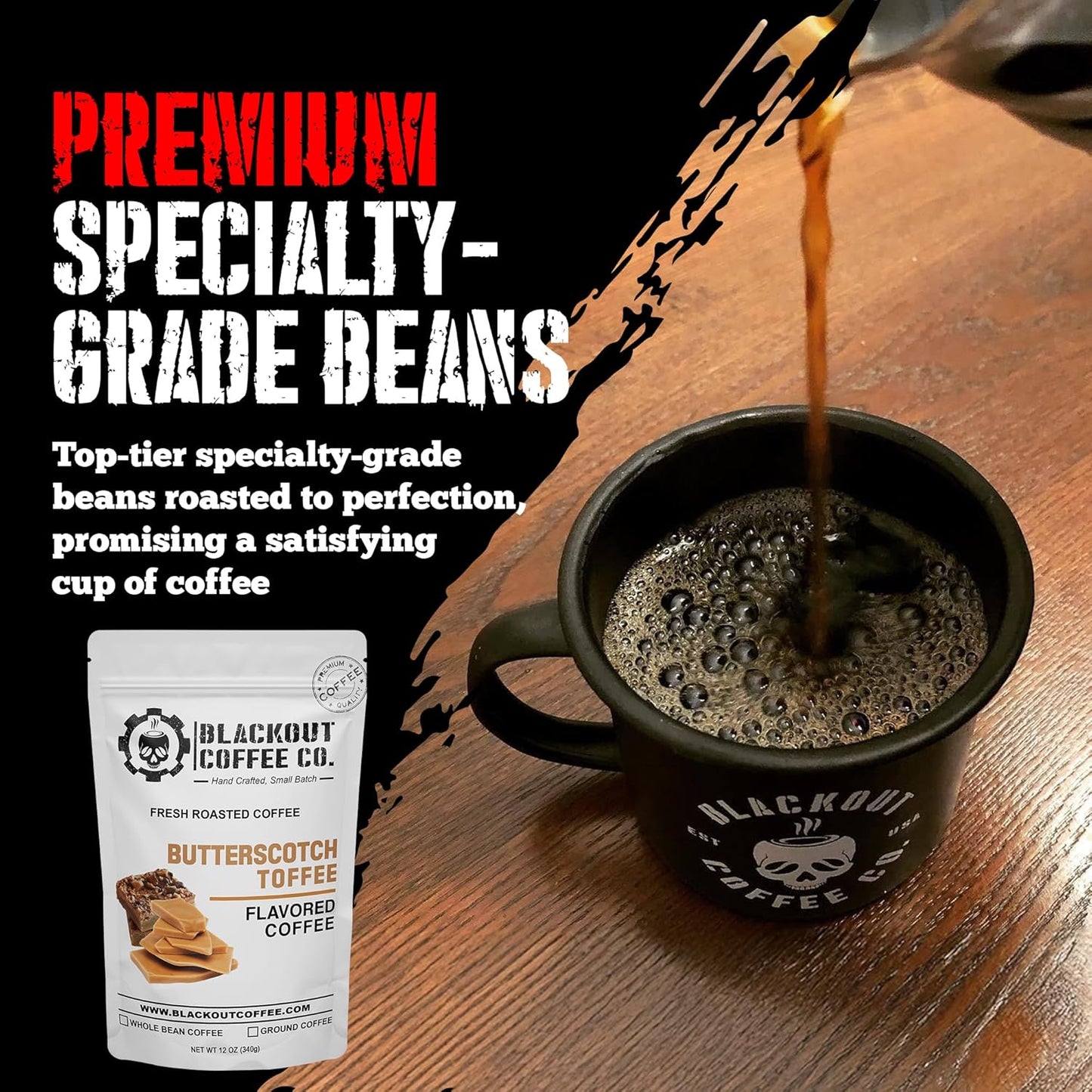 Blackout Coffee Butterscotch Toffee Flavored Medium Roast - Freshly Roasted in the USA - 12 oz Ground Coffee Pouch
