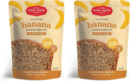 Miss Jones Baking Banana Bread & Muffin Mix - Whole Grains, 50% Lower Sugar, Real Banana, Naturally Sweetened Desserts & Treats (Pack of 2)