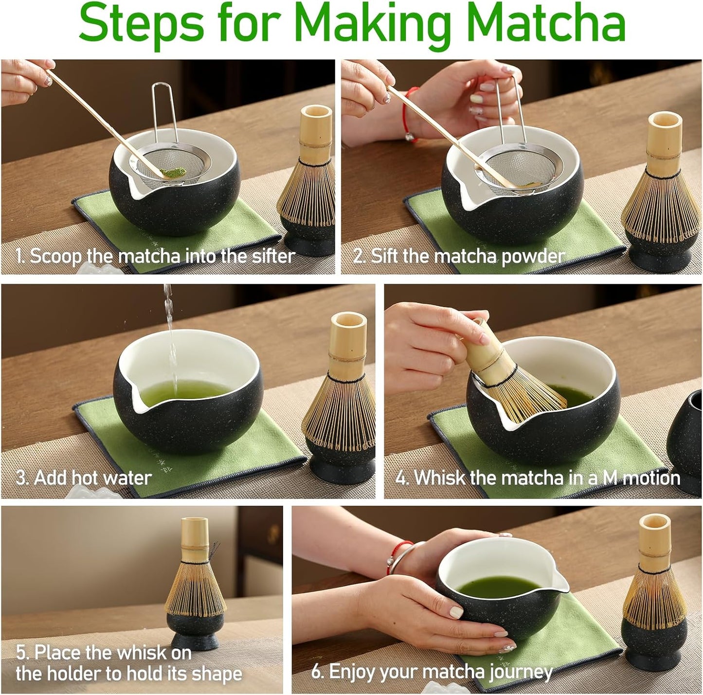 Matcha Whisk Set, Ceramic Matcha Set with Spout, Matcha Bowl Kit with Sifter, Whisk and Holder, Bamboo Scoop, Scoop Rest, Tea Towel, 7 Pcs Matcha Kit Set for Making Breakfast/Latte for Matcha Lovers