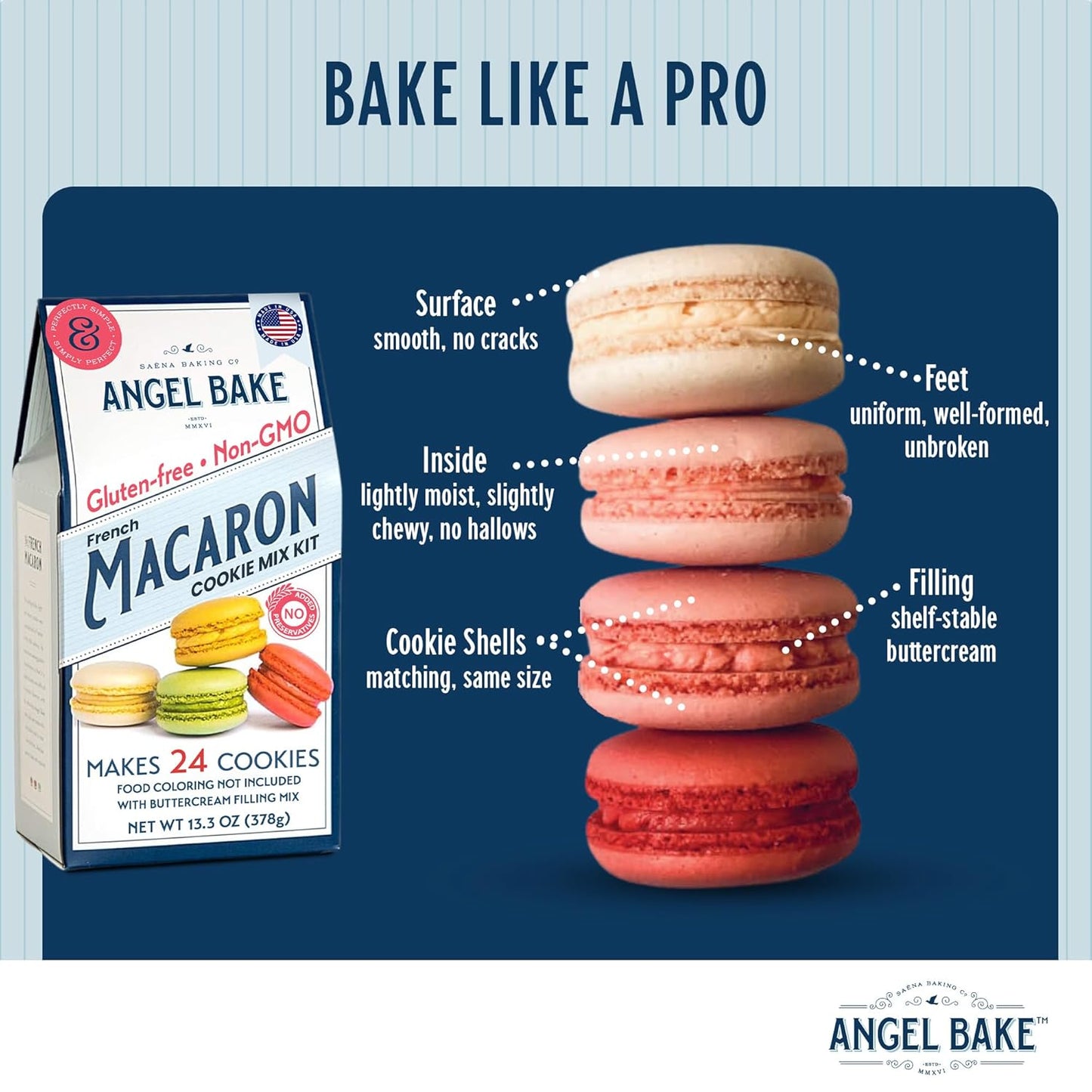 French Macaron Baking Mix Kit with Swiss Buttercream Filling - Makes 48 Shells Depends on Pastry Size - Gluten-Free and Delicious Pastries - Single Step - Perfect for Beginners & Expert Bakers
