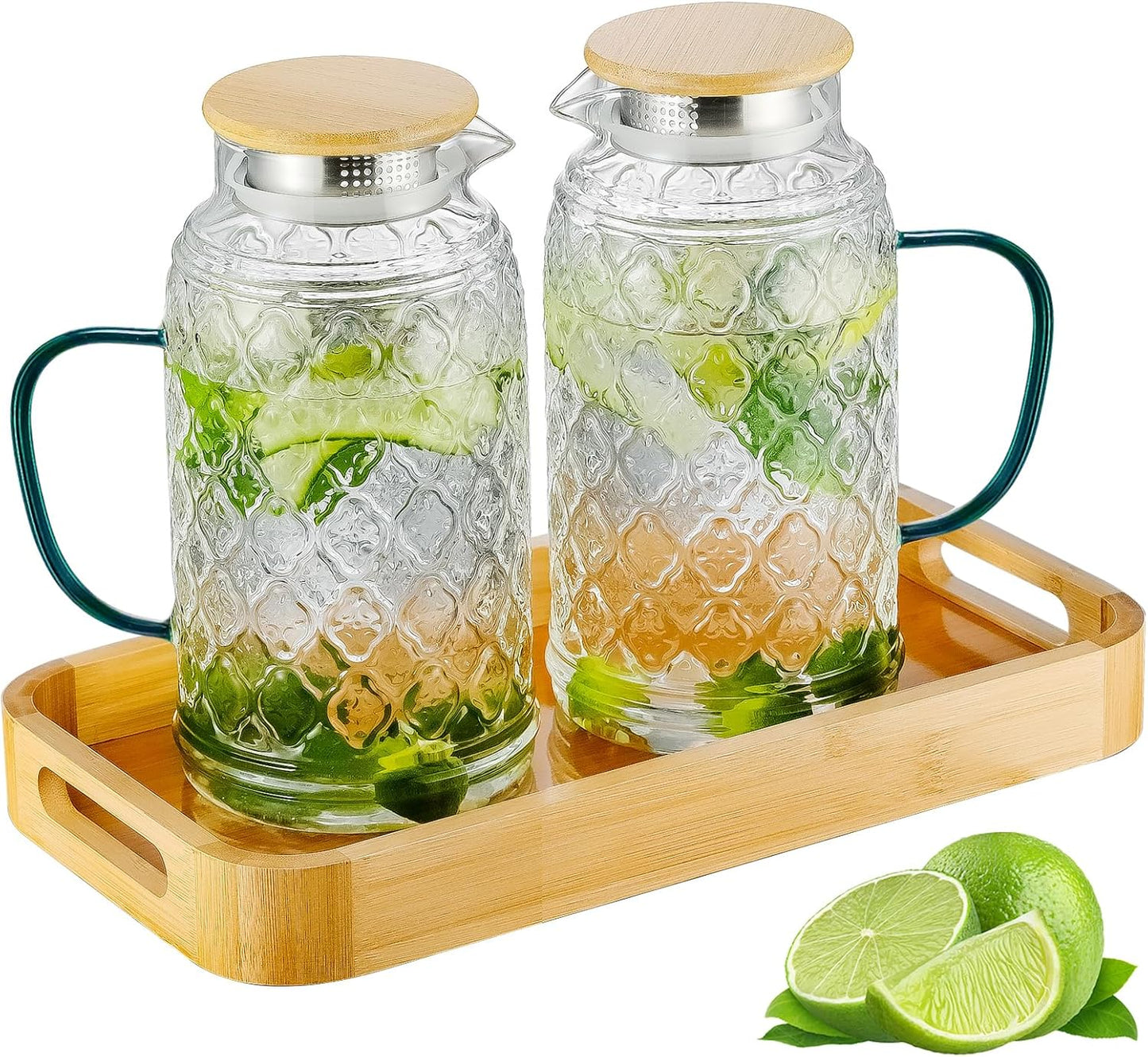 Glass Pitcher with Lid, 2 PACK 68 oz/2 Liter Vintage Water Pitcher With Serving Tray, Clear Borosilicate Glass Water Carafe for Cold Brew, Coffee, Lemonade, Iced Sun Tea,Beverage, Heat Resistant