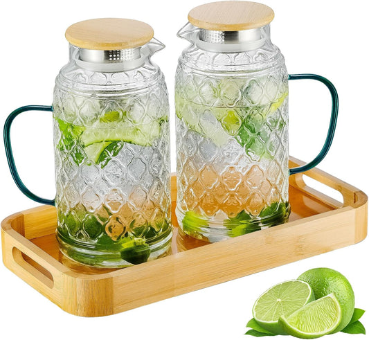 Glass Pitcher with Lid, 2 PACK 68 oz/2 Liter Vintage Water Pitcher With Serving Tray, Clear Borosilicate Glass Water Carafe for Cold Brew, Coffee, Lemonade, Iced Sun Tea,Beverage, Heat Resistant