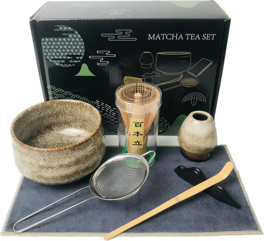 Japanese Matcha Tea Set (7pcs) - Matcha Whisk and Bowl, Whisk Stand (Chasen Holder), Scoop, Starter Making Kit for Matcha Tea Ceremony (Kiln Glaze-White)