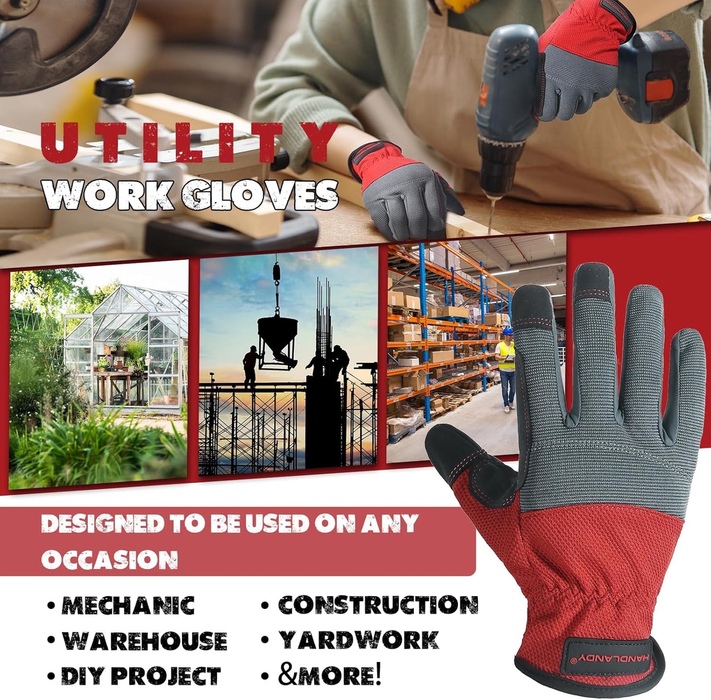 HANDLANDY Work Gloves for Men & Women, Utility Mechanic Working Gloves Touch Screen, Flexible Yard Work Gloves