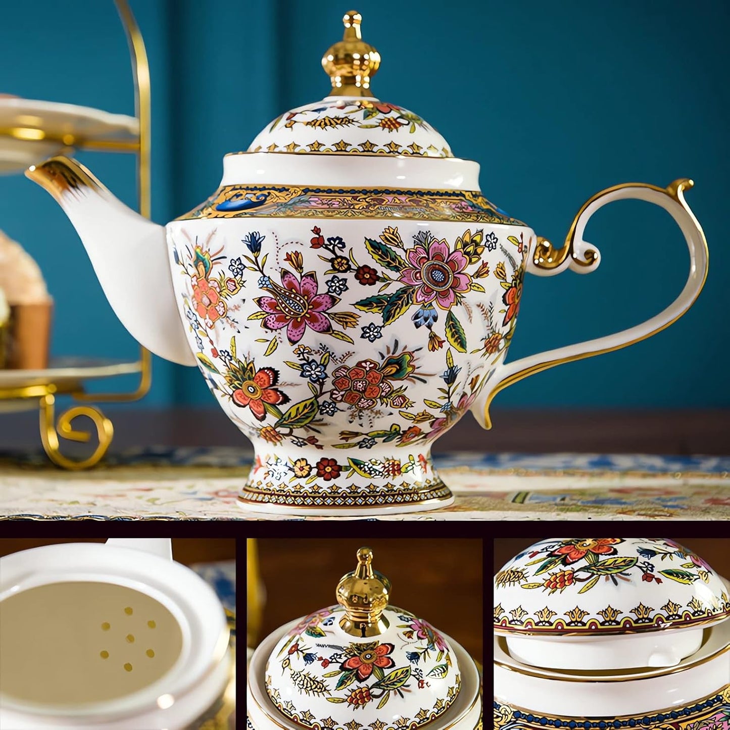 ACMLIFE Fine Bone China Tea Set, British Vintage China Set for Adults 24K Gold, Afternoon Cups and Saucers for Women Tea Party or Gift Giving (Pink and Gold)