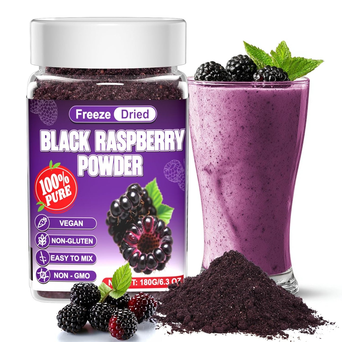 Freeze Dried Black Raspberry Powder - 180g Super Fruit Powder, 100% Black Raspberry Extract, No Additive, No Artifical Sugar Non-GMO Natural Food Coloring for Baking, Smoothies, Yogurt