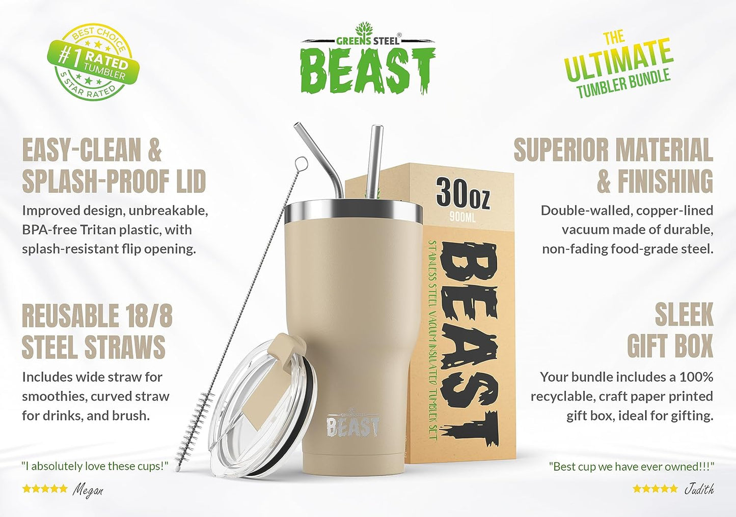 Beast 30 oz Tumbler Stainless Steel Vacuum Insulated Coffee Ice Cup Double Wall Travel Flask (Sand)