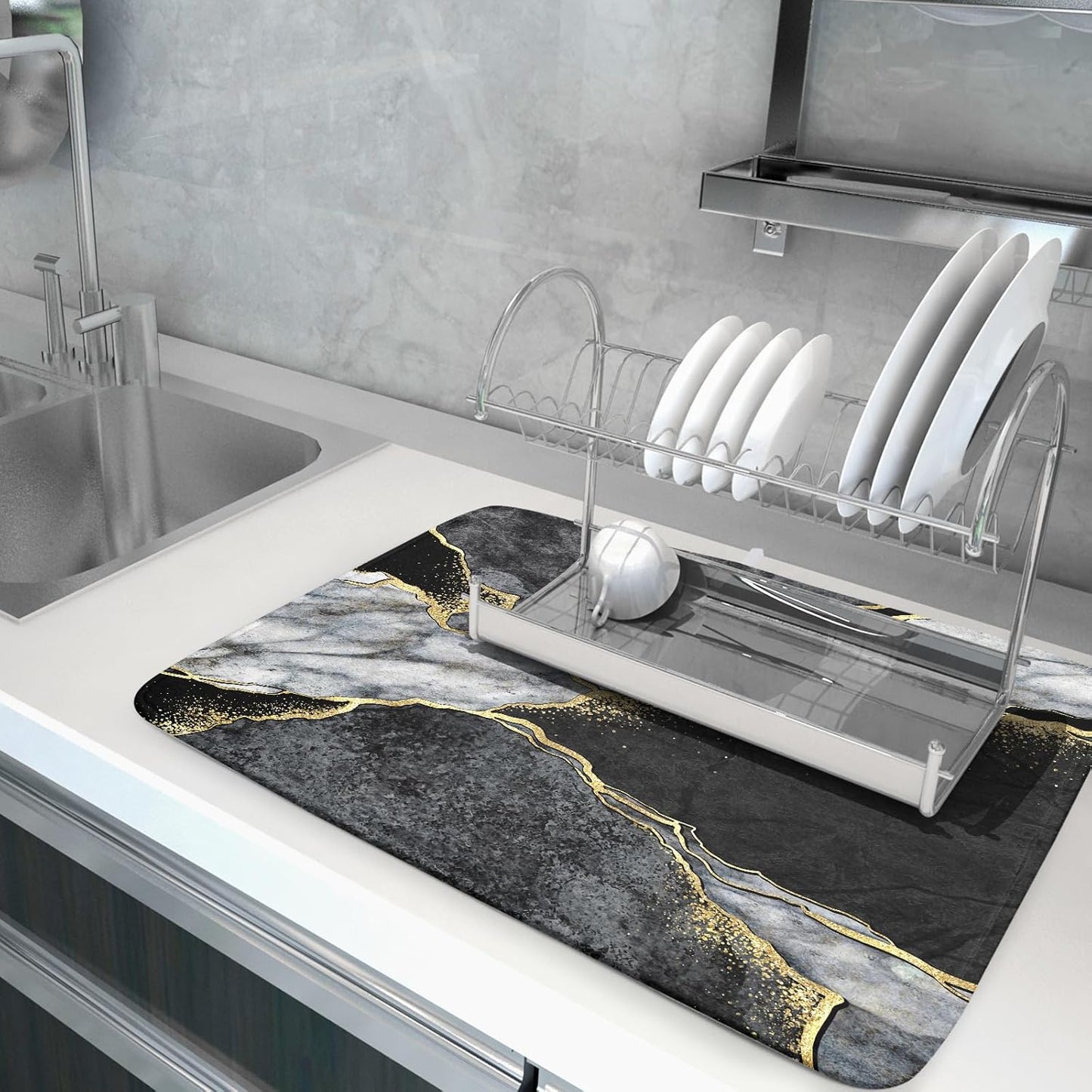 Giwawa Marble Dish Drying Mat for Kitchen Counter 18x24 inch Black Grey Gold Marbling Print Decorative Absorbent Dish Drying Pad Elegant Luxury Granite Stone Microfiber Large Drainer Rack