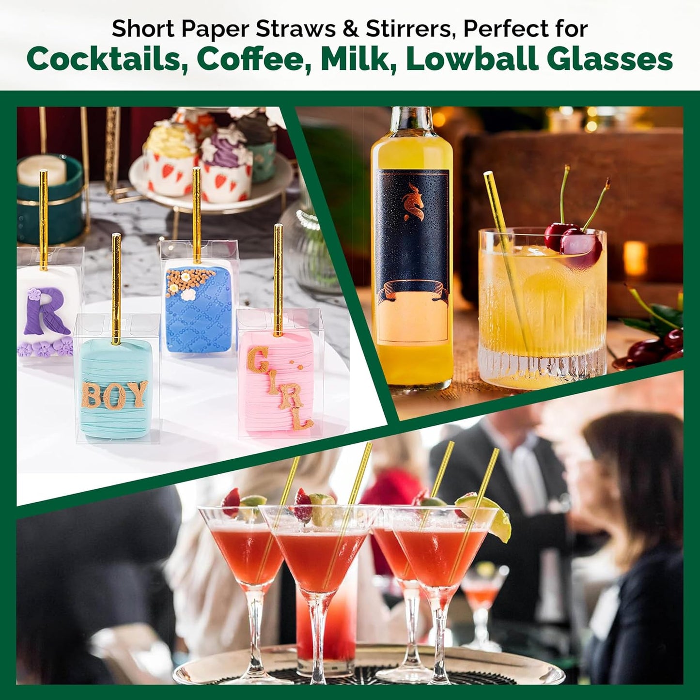 5.75 Inch Disposable Short Gold Paper Straws & Stirrers, Sipping Stir Sticks (500 Counts) - for Cocktail, Short Drinks, Wedding, Party, Bars, Restaurants