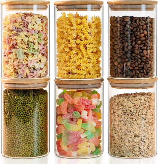 50oz Glass Food Storage Jars Set of 6,Glass Storage Containers Clear Glass Food Canister with Bamboo Lid Airtight For Serving Tea, Coffee, Flour, Sugar, Candy, Cookie, Spice and More (Round)