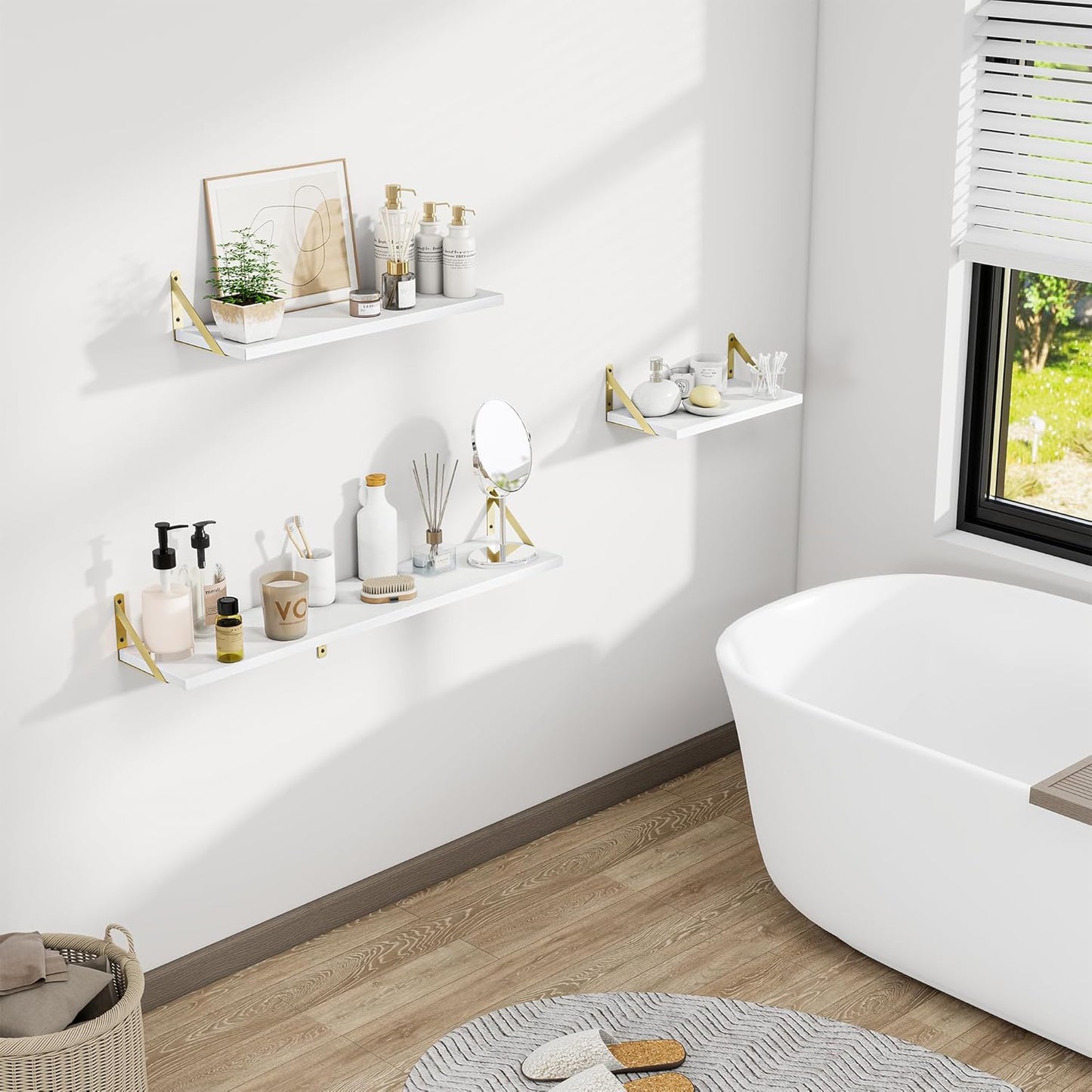 Deep Floating Shelves for Wall, 36W x 8D Wall Mounted Shelves Set of 2, Wide Display Ledge Shelf with Sturdy Metal Brackets for Living Room, Bathroom, Bedroom and Kitchen, White with Gold Brackets