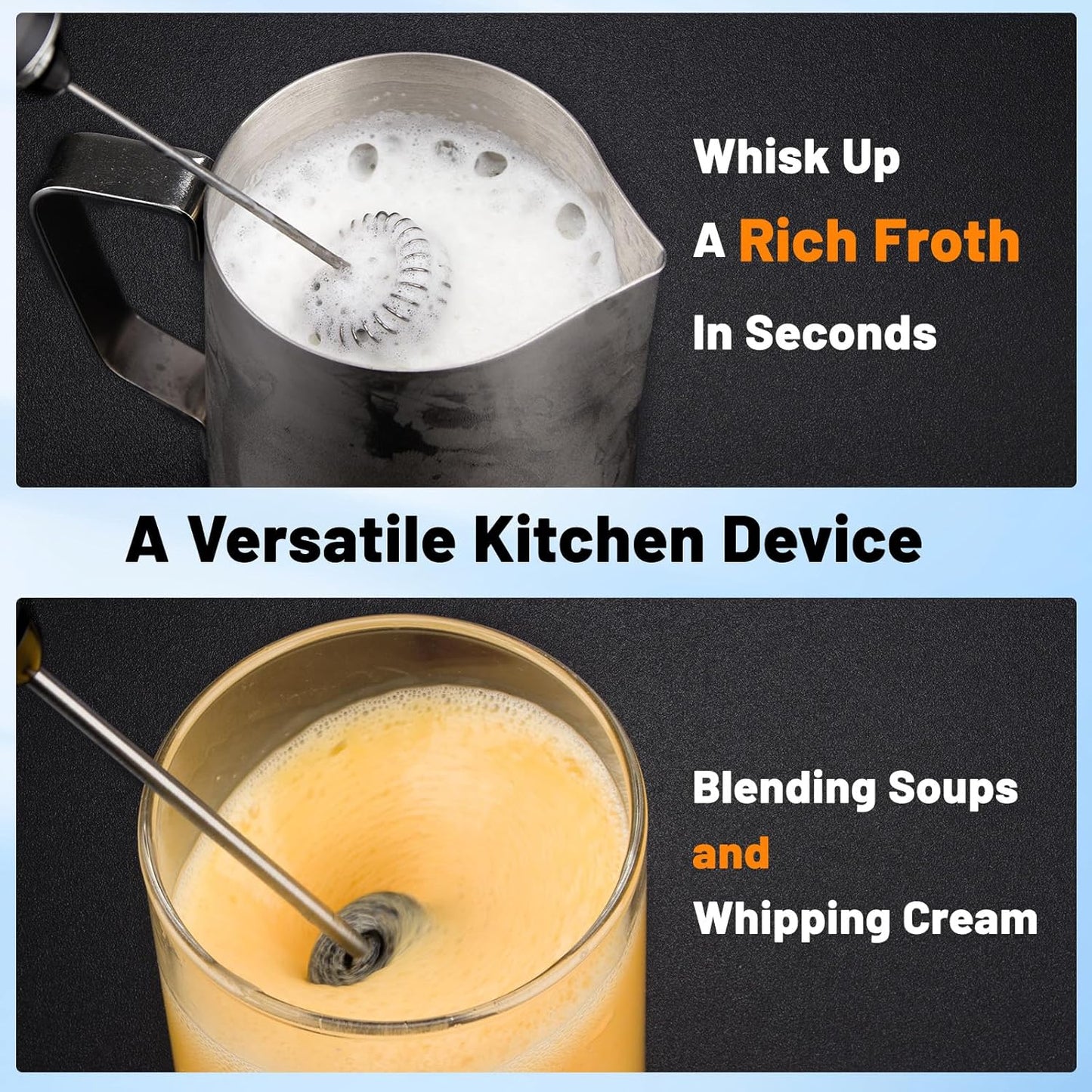 TonJin Milk Frother USB C Rechargeable New Upgraded Handheld Frother Wand with 2 304 Stainless Whisks 1 Stand, 3 Speeds Electric Coffee Whisk Frother for Lattes, Cappuccino, Egg, Matcha, Black