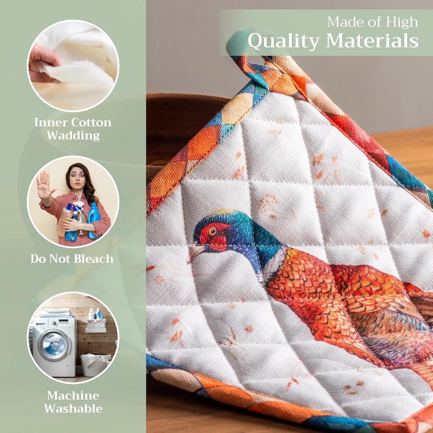 Maison d' Hermine Pot Holders Set 100% Cotton Heat Resistant Potholders 8" x 8" Hot Pads with Loop BBQ, Cooking, Baking, Grilling, Kitchen, Handling Hot Pans (Pack of 2, Faisan D'Automne)