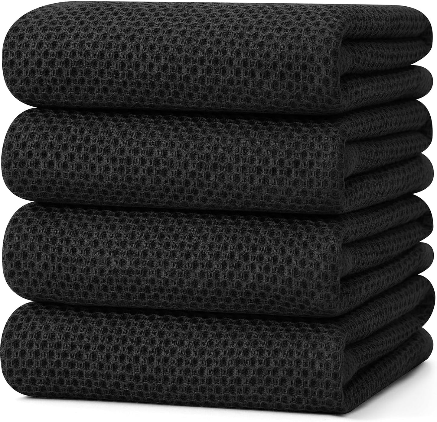 Kitinjoy 100% Cotton Waffle Weave Kitchen Towels, 4-Pack Super Soft and Absorbent Dish Towel for Drying Dishes, Kitchen Hand Towels, 20 in x 28 in, Black