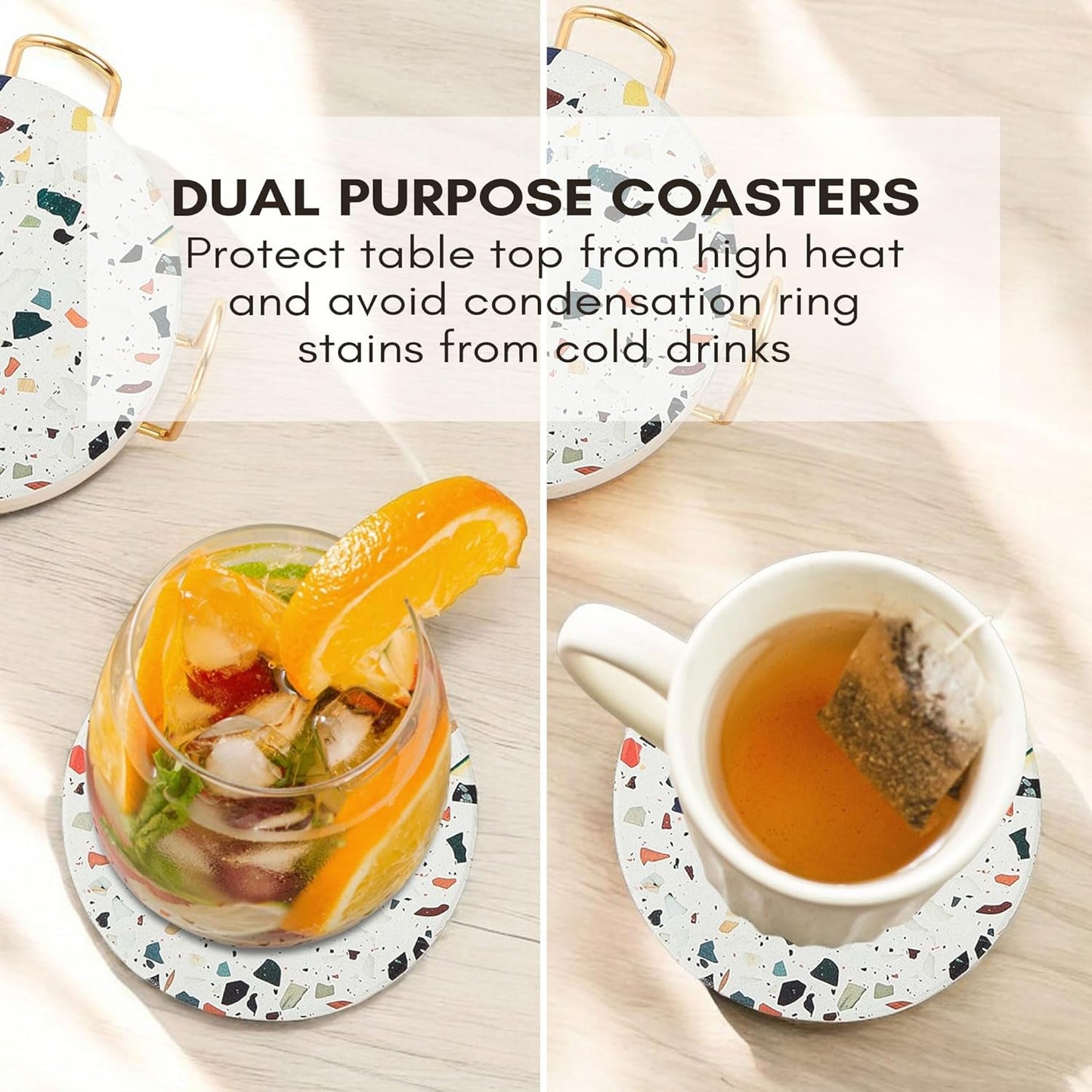 Absorbent Coaster Set of 6 with Holder, Drink Coasters for Coffee Table, Kitchen, Home Decor, Cute Ceramic Round Coasters, Alternative to Silicone, Cork or Glass Coaster (Mosaic with Black Holder)