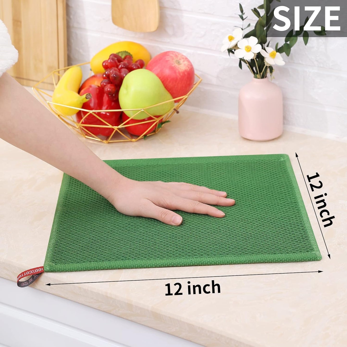 Homaxy 100% Cotton Waffle Weave Kitchen Dish Cloths, Ultra Soft Absorbent Quick Drying Dish Towels, 12 x 12 Inches, 12-Pack, Grass Green