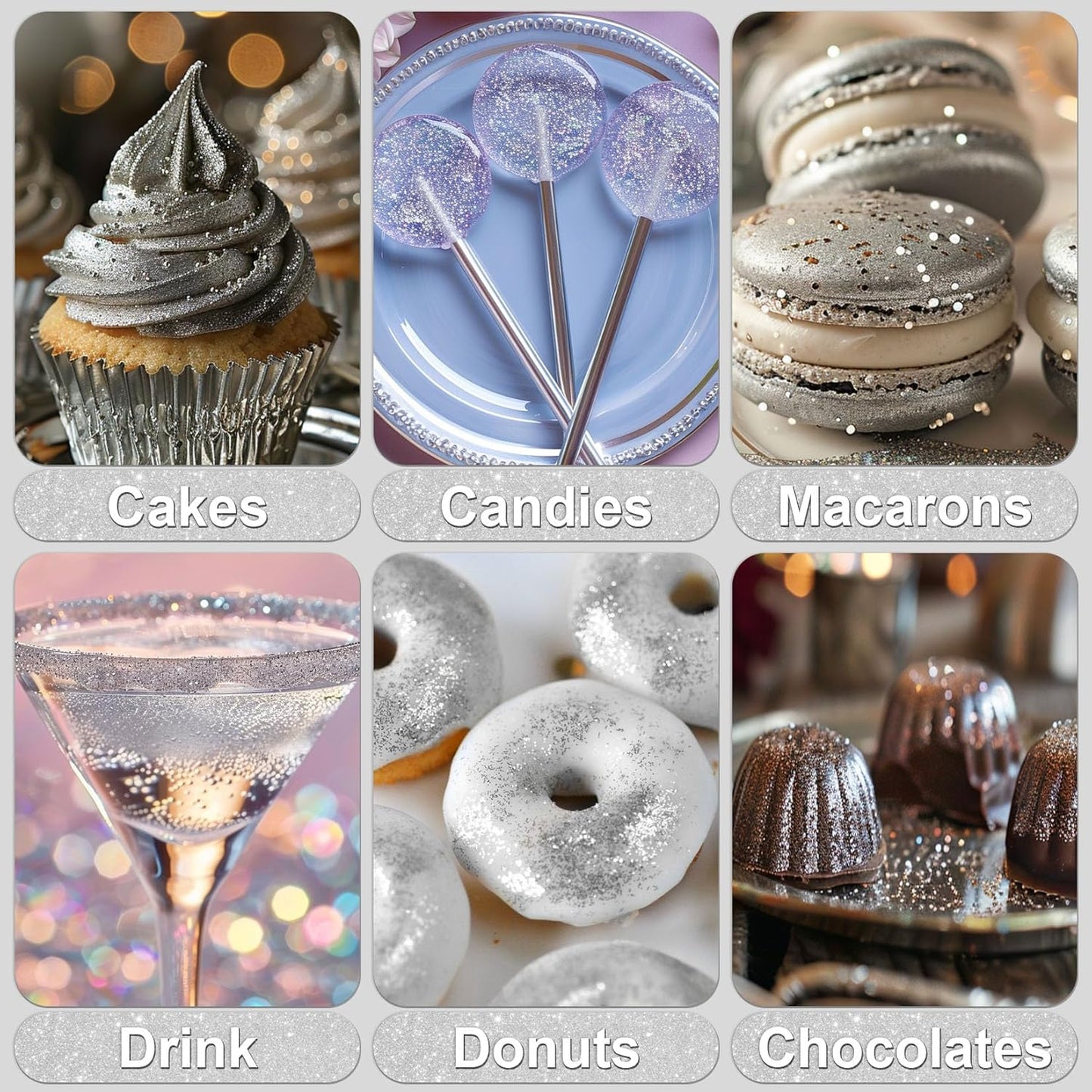 Silver Edible Glitter - 5g Food Grade Cake Decorating Shimmering Glitter, Edible Sprinkle Luster Dust for Drinks, Chocolates, Fondant, Strawberries, Cupcakes, Candy, Cookie - Vegan