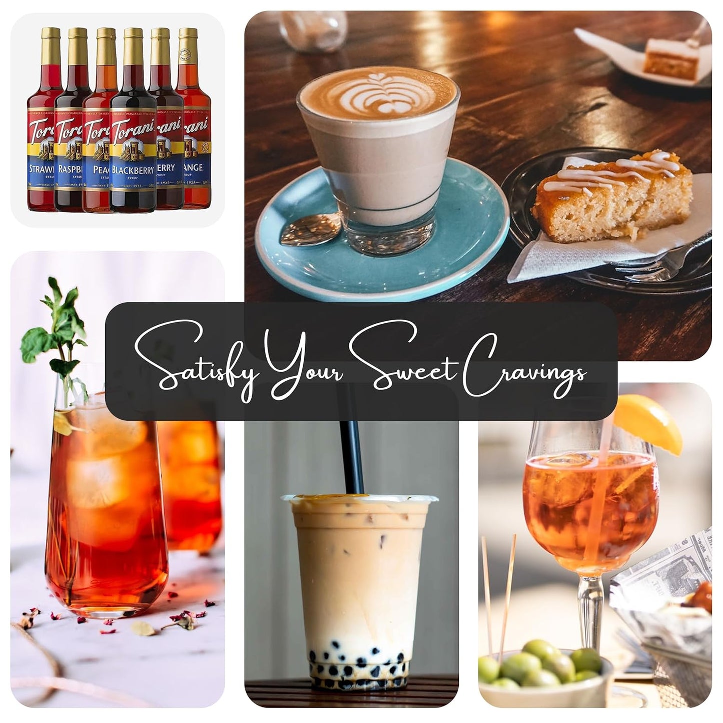 Jimoco Syrup Pump & Torani Syrup Bundle - Fruit Bowl Syrup 6 Pack Summer Flavors, Raspberry, Strawberry, Blackberry, Cherry, Orange and Peach - For Italian Soda Coffee, Lattes, Frappes With 6 Pump Dispensers