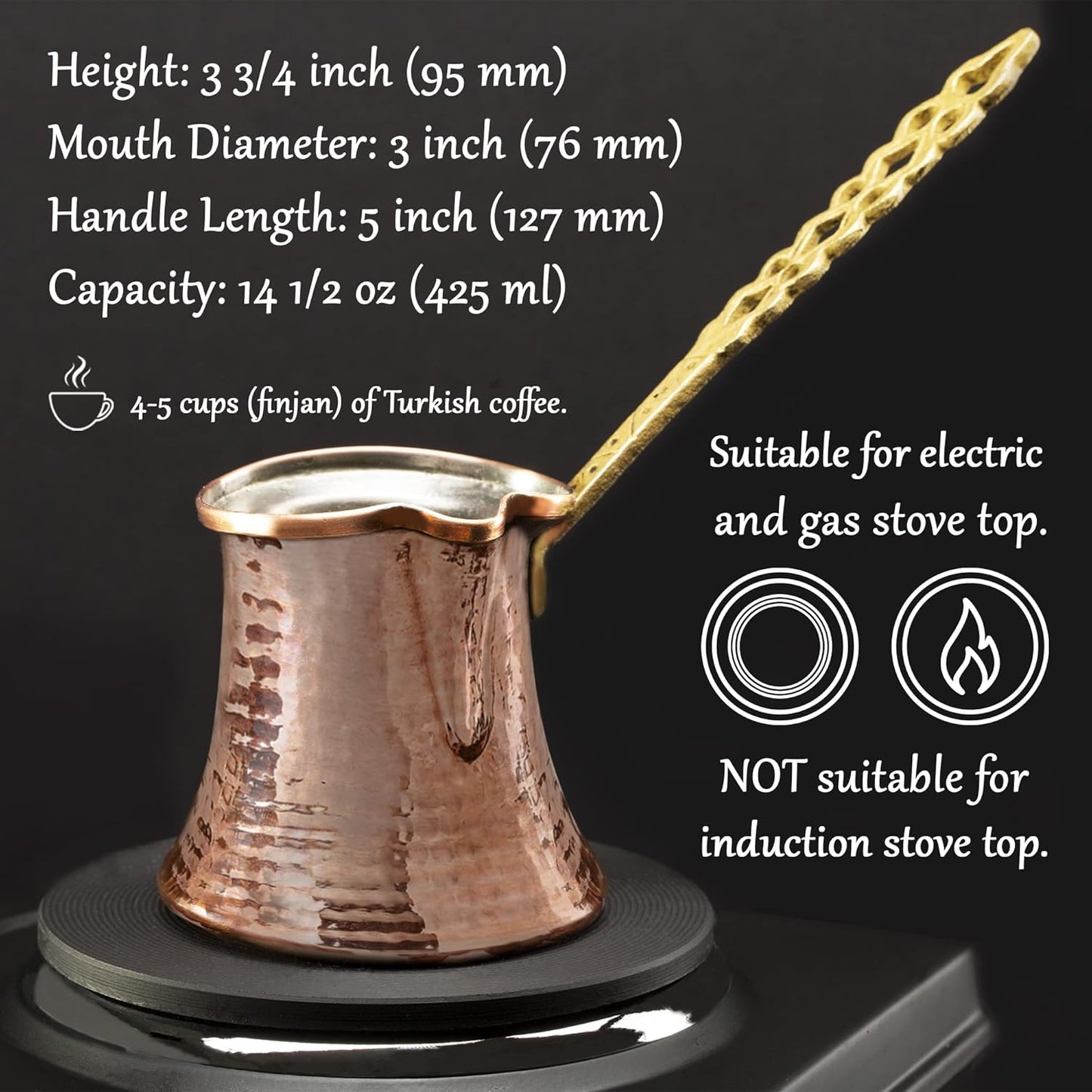 Volarium Turkish Coffee Pot, Greek Arabic Coffee Maker, Hammered Copper Coffee Cezve, Stove Top Coffee Maker (Large)